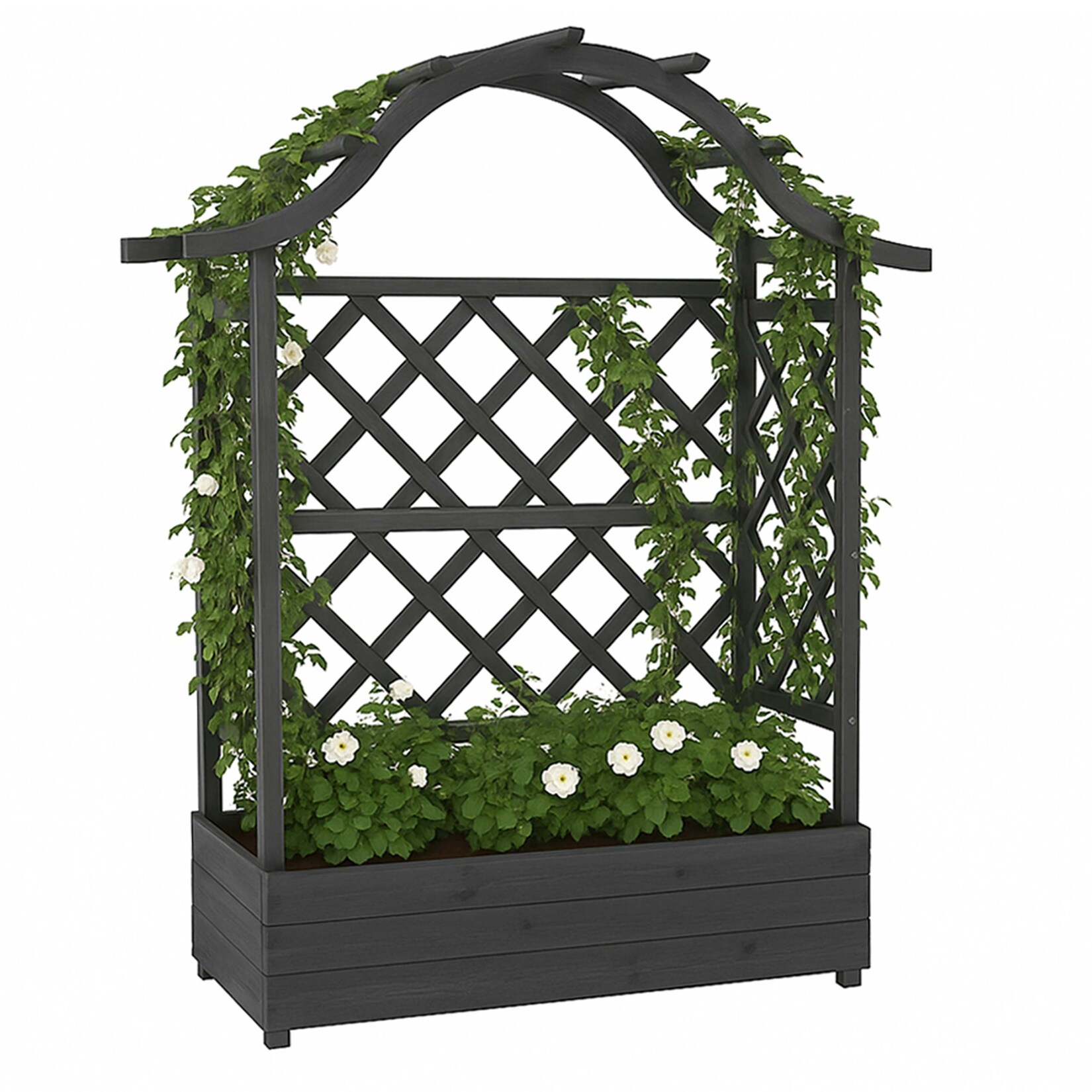 Hochbeet MCW-P66, Pflanz-/Blumenkasten Pflanzkübel Rankgitter Rankhilfe Spalier Holz MVG 138x110x44cm ~ anthrazit-grau
