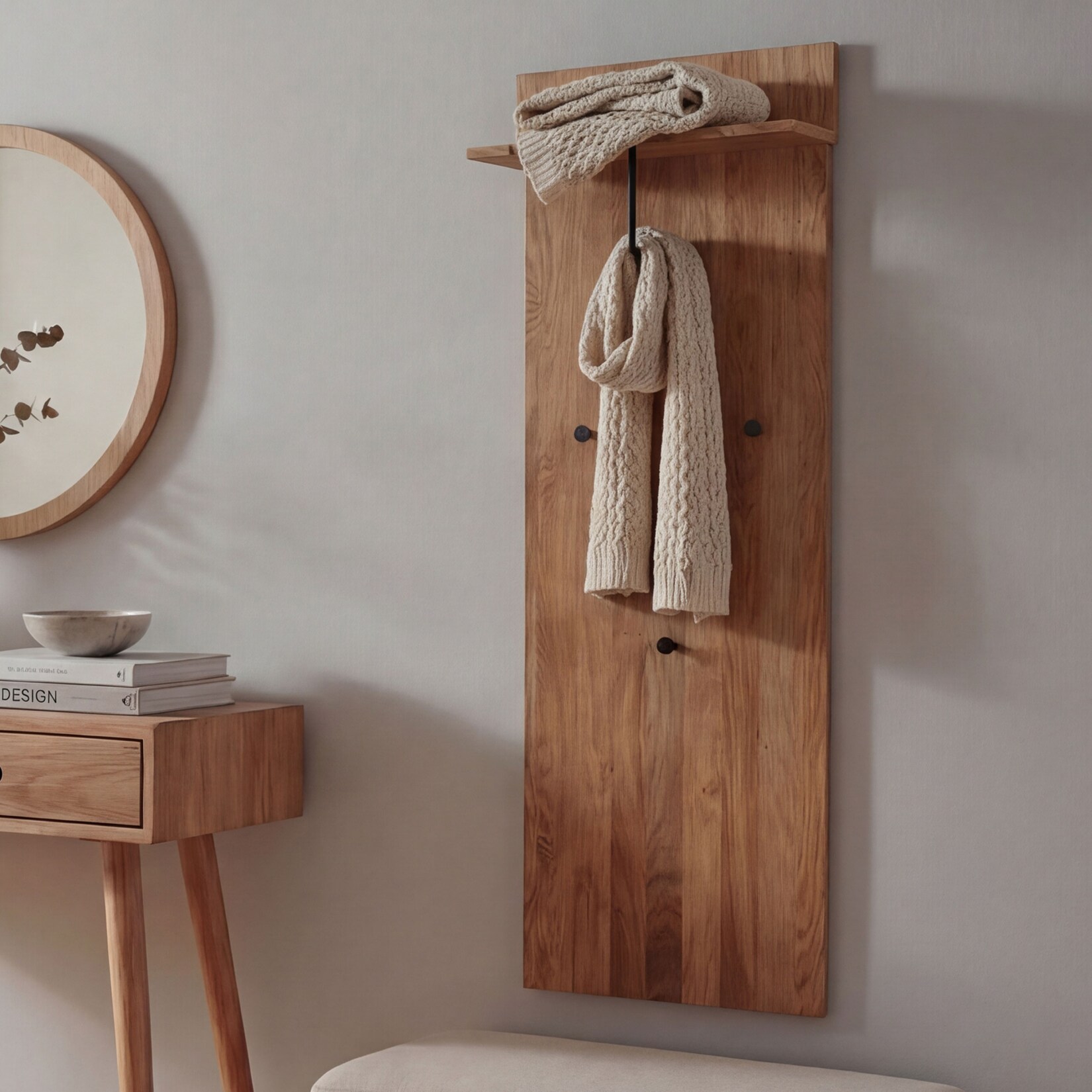 MCA Garderobenpaneel MCW-P55, Wandgarderobe Garderobe, Massiv-Holz Ablagefläche Haken 135x42x22cm, Eiche | 04057651817194