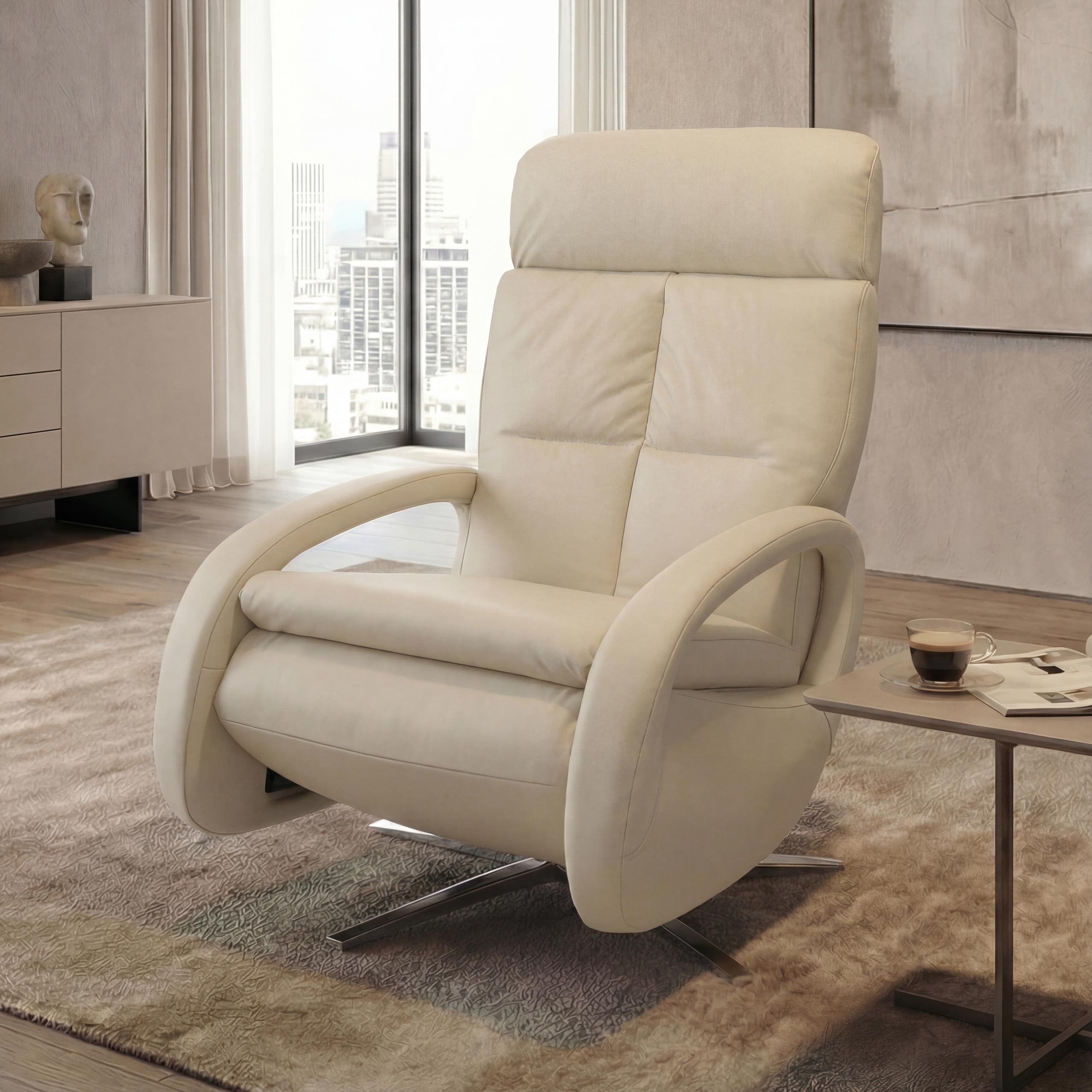 Relaxsessel MCW-L11, TV-Sessel Liegesessel, Liegefunktion drehbar, elektrisch verstellbar Voll-Leder ~ creme-wei&szlig; - Bild 1