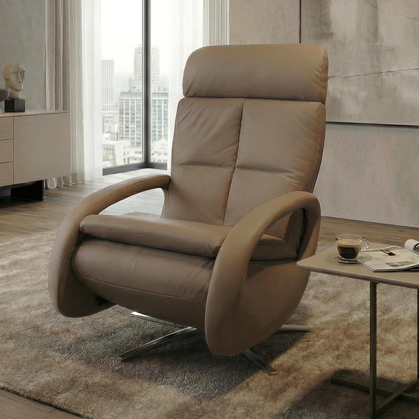 Relaxsessel MCW-L11, TV-Sessel Liegesessel, Liegefunktion drehbar, elektrisch verstellbar Voll-Leder ~ taupe | 04057651816357