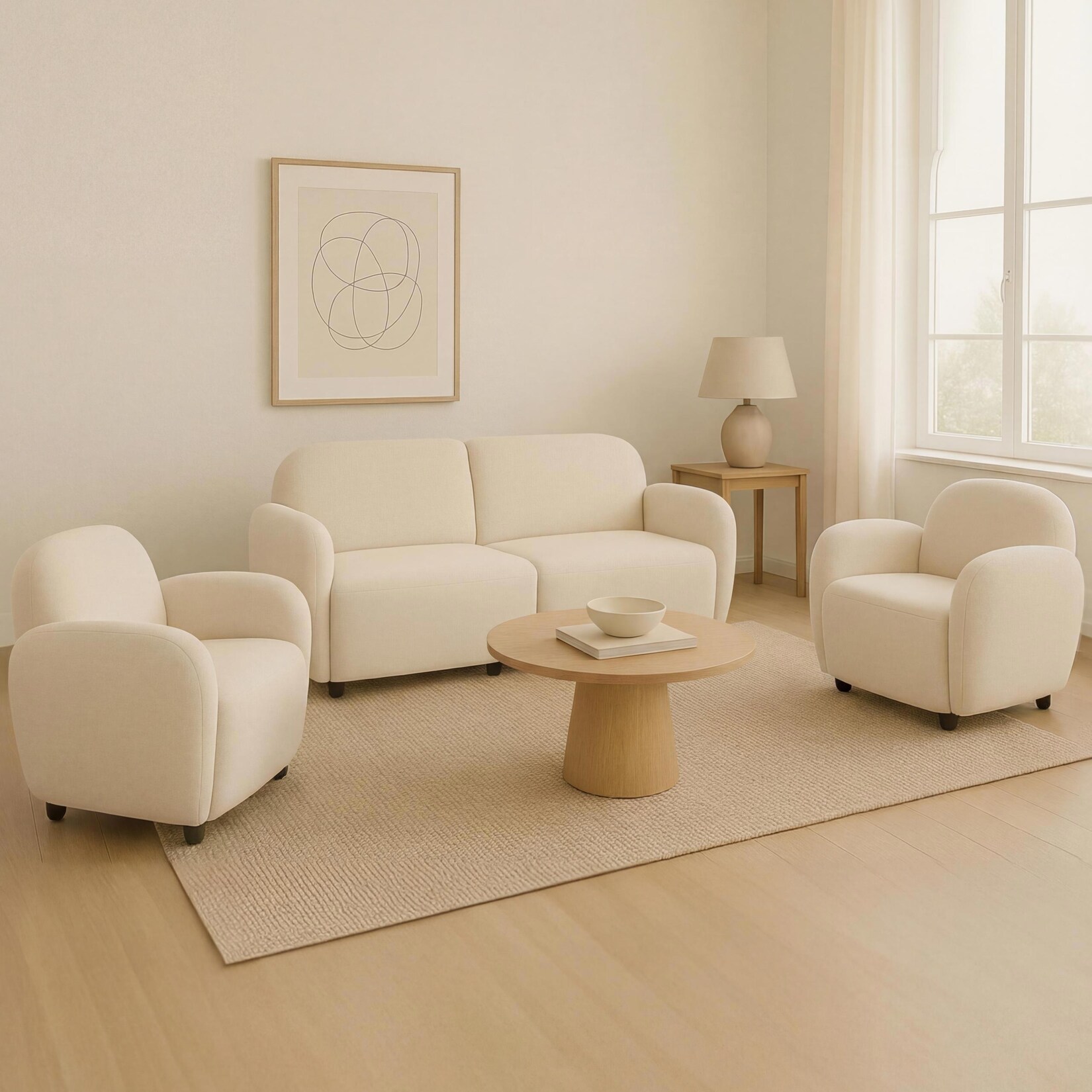 Wohnzimmer-Set MCW-P33, 2er-Sofa 2x Sessel, Stoff/Textil Chenille (330 g/m²) Öko-Tex ~ creme