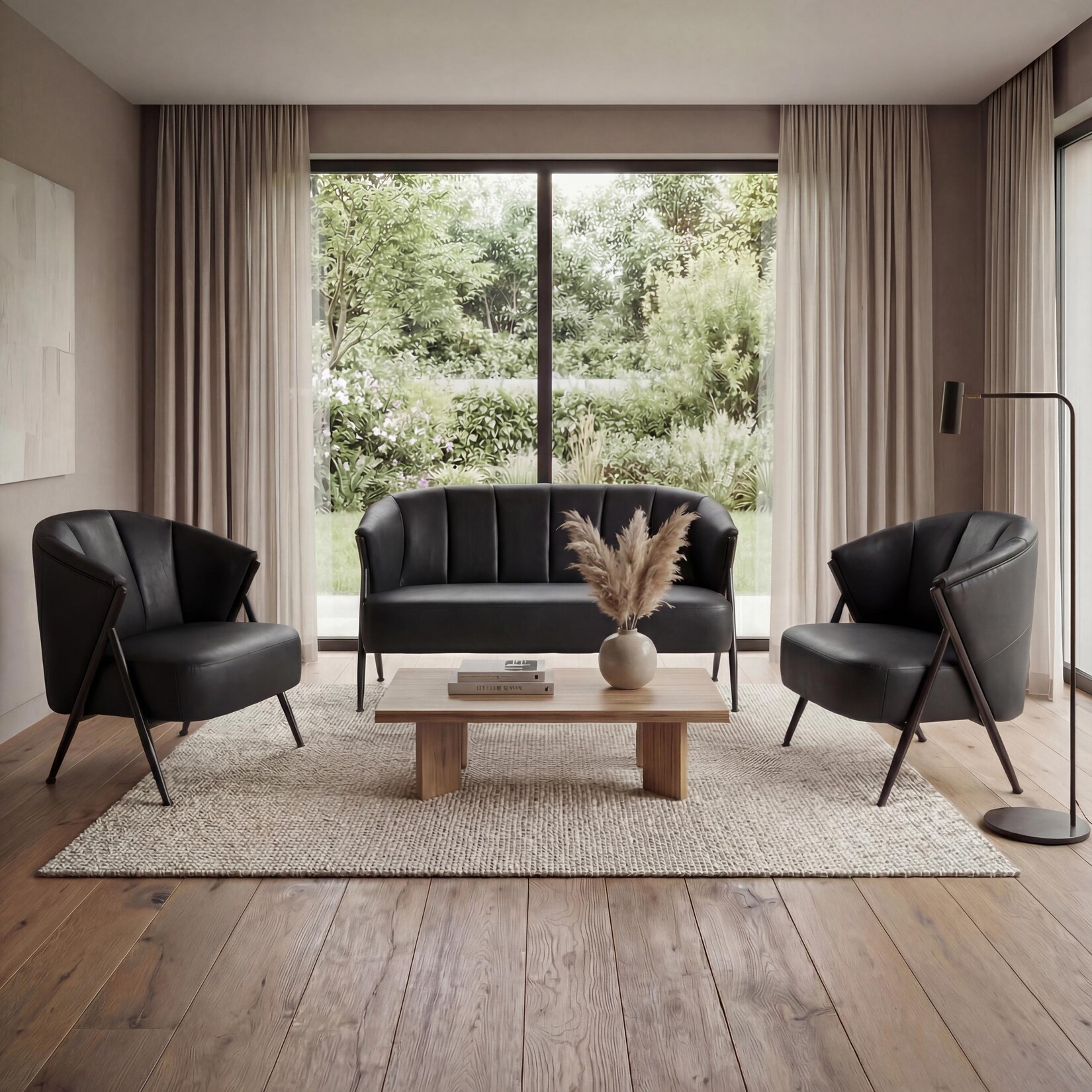 Wohnzimmer-Set MCW-P30, 2er-Sofa 2x Sessel, Vintage Retro Industrial Metall Kunstleder ~ schwarz | 04057651804224