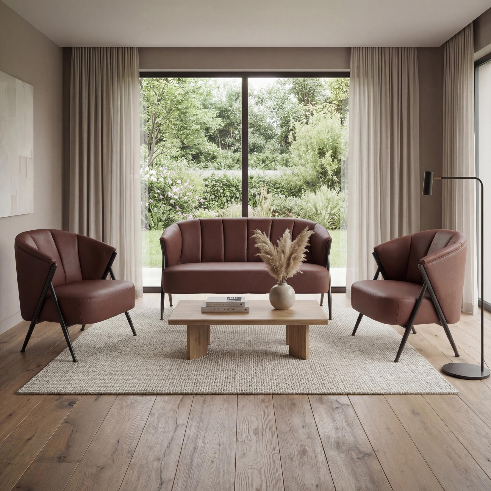 Wohnzimmer-Set MCW-P30, 2er-Sofa 2x Sessel, Vintage Retro Industrial Metall Kunstleder ~ rostrot
