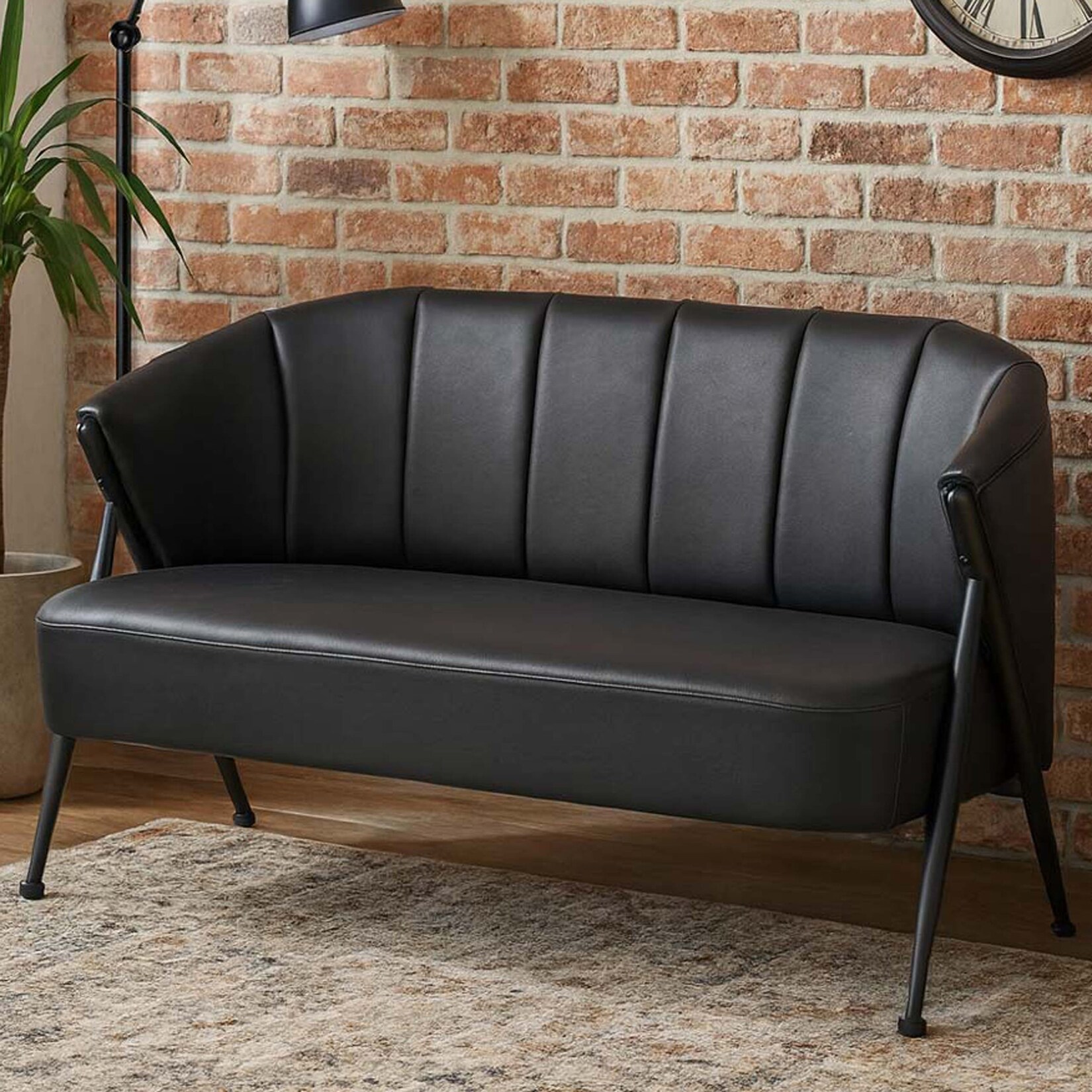 2er-Sofa MCW-P30, Zweisitzer Polster-/Lounge-Sofa Couch Vintage Retro Industrial Metall Kunstleder ~ schwarz | 04057651802107