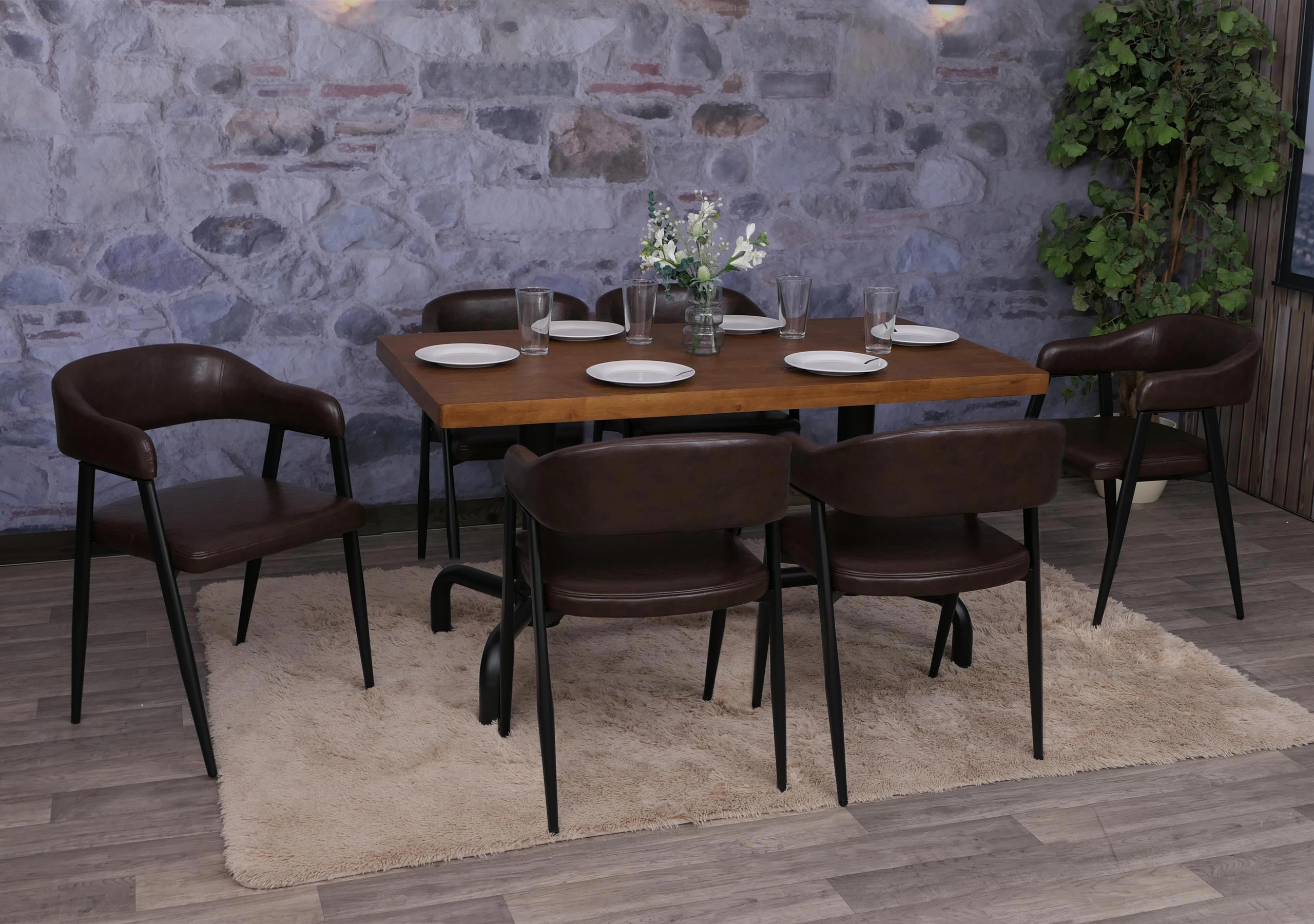 6er-Set Esszimmerstuhl MCW-P29, K&uuml;chenstuhl Lehnstuhl Polsterstuhl, Industrial Retro Vintage Kunstleder ~ dunkelbraun - Bild 1