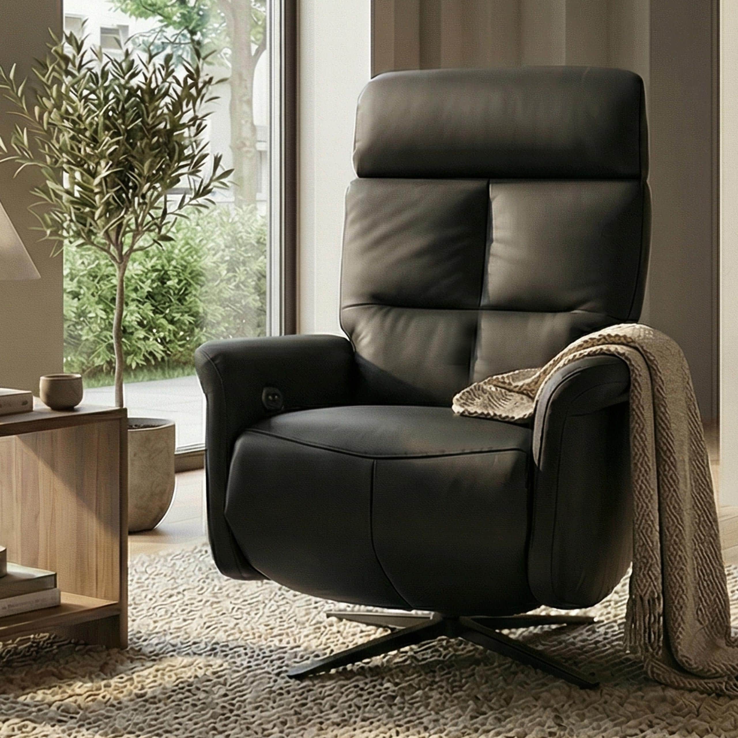 Relaxsessel MCW-L10, TV-Sessel Liegesessel, Liegefunktion drehbar, elektrisch verstellbar Voll-Leder ~ schwarz - Bild 1