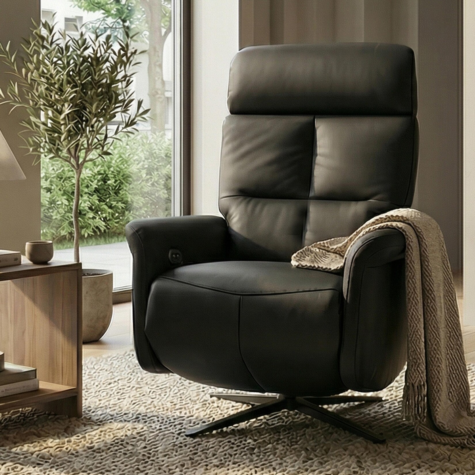 Relaxsessel MCW-L10, TV-Sessel Liegesessel, Liegefunktion drehbar, elektrisch verstellbar Voll-Leder ~ schwarz