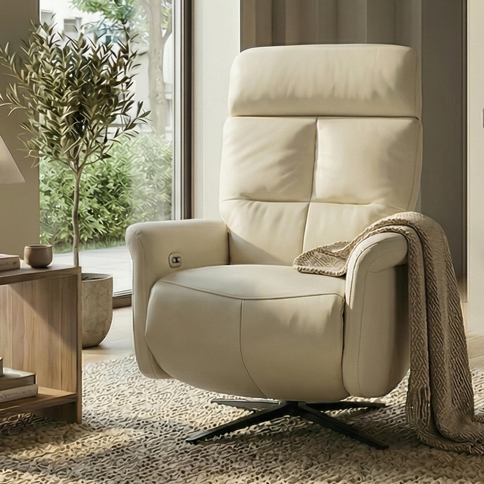 Relaxsessel MCW-L10, TV-Sessel Liegesessel, Liegefunktion drehbar, elektrisch verstellbar Voll-Leder ~ creme-weiß