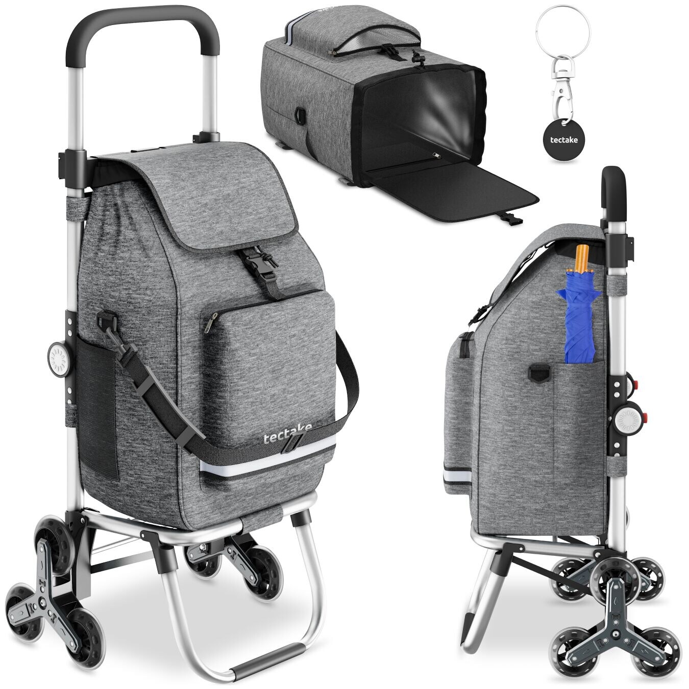 tectake® Einkaufstrolley, 3-in-1, Nutzung auch als Umhängetasche und Sackkarre, 50 l, längenverstellbarer Gurt, höhenverstellbarer und gepolsterter Griff, inkl. Kühltasche, leichtgängige Treppensteiger-Räder | 04061173328571
