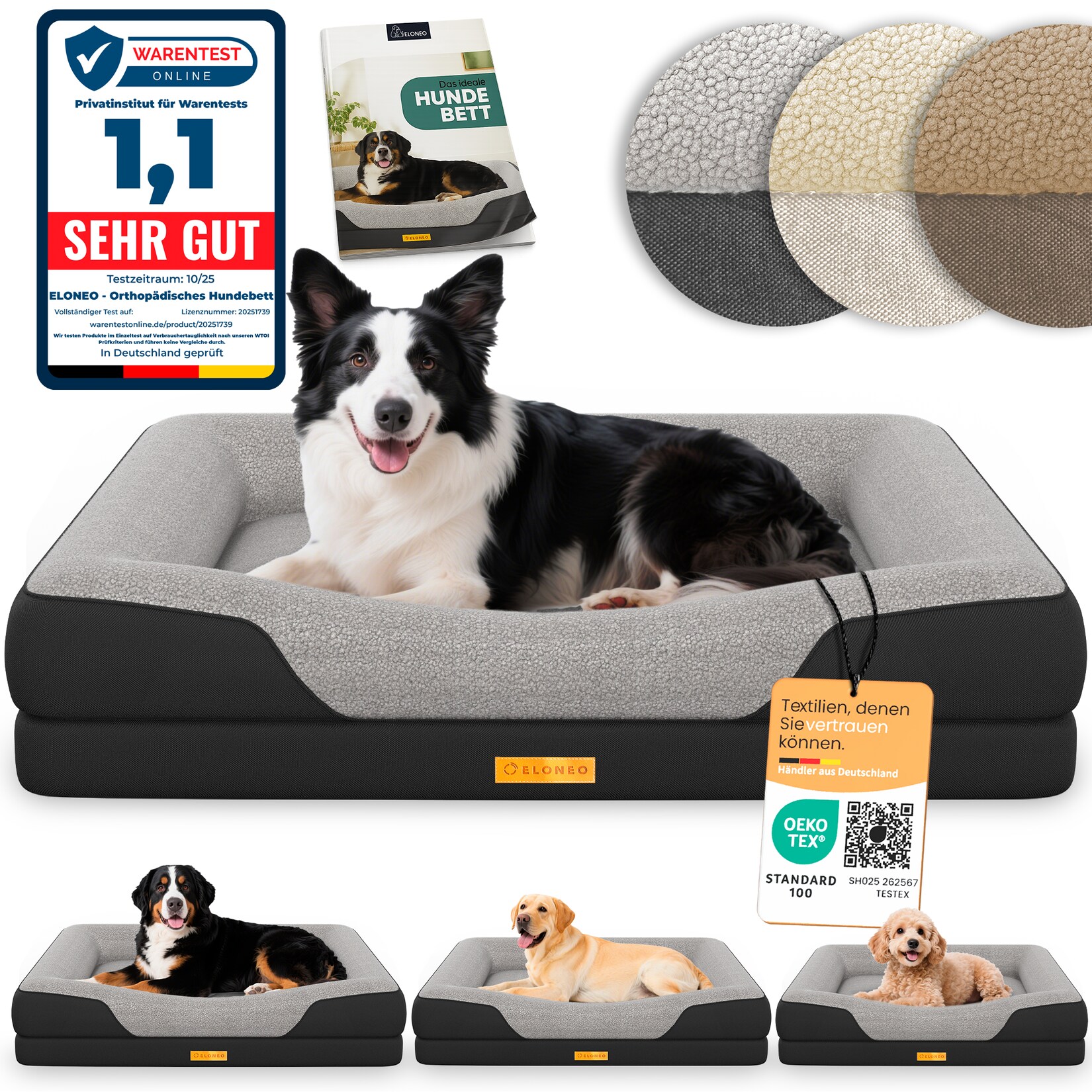 ELONEO Orthopädisches Hundebett, Schwarz - Größe M