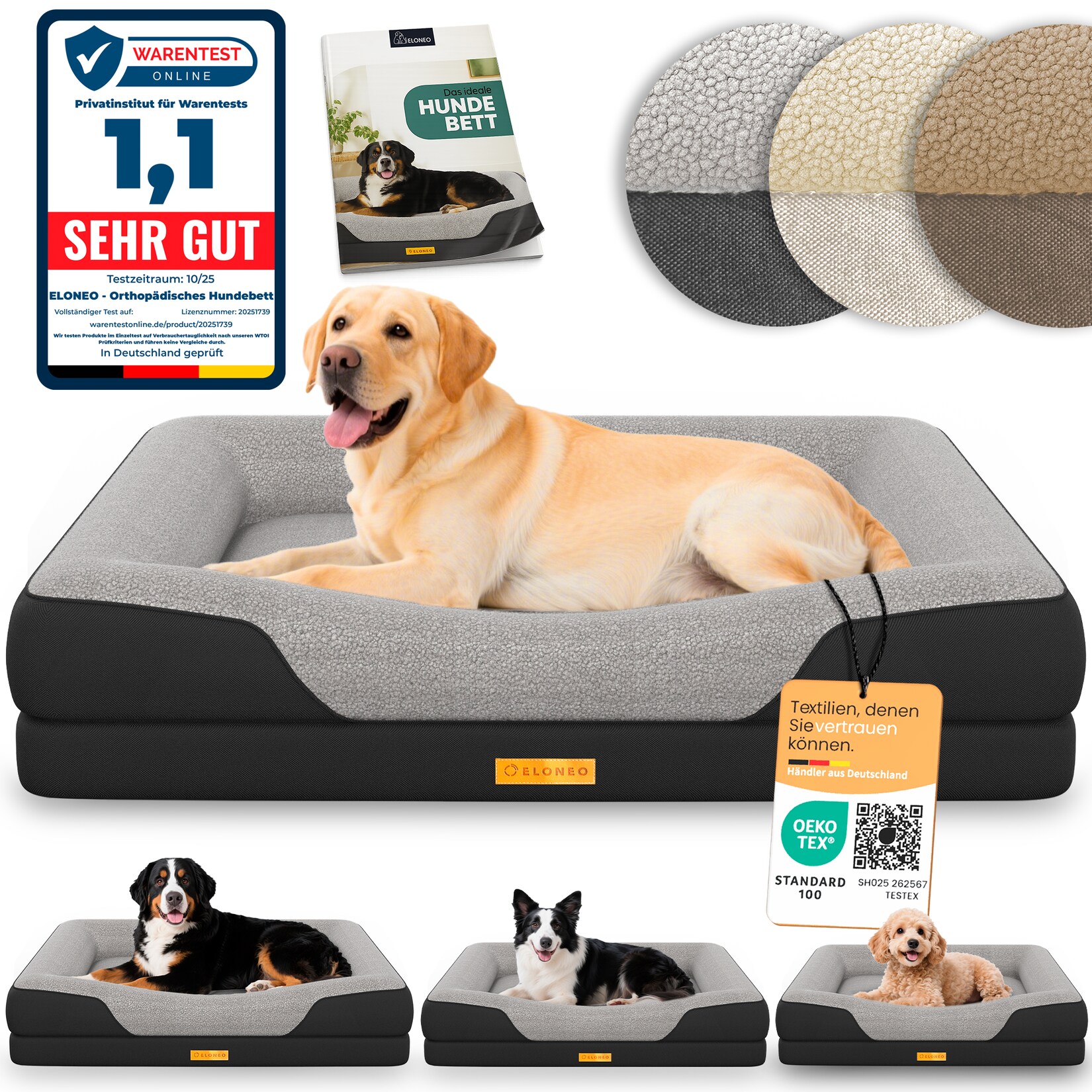 ELONEO Orthopädisches Hundebett, Schwarz - Größe L