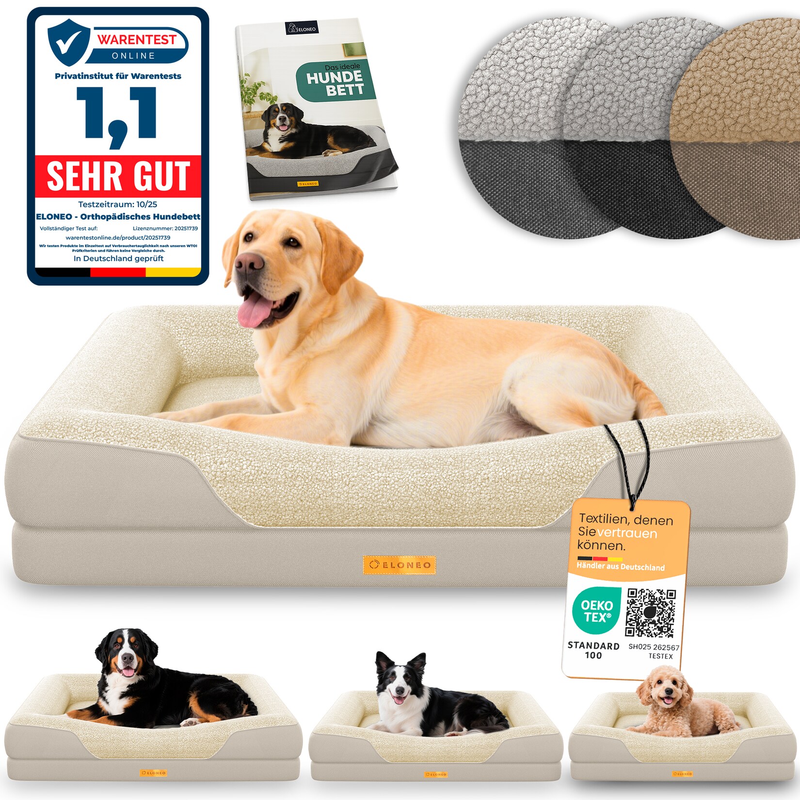 ELONEO Orthopädisches Hundebett, Creme - Größe L