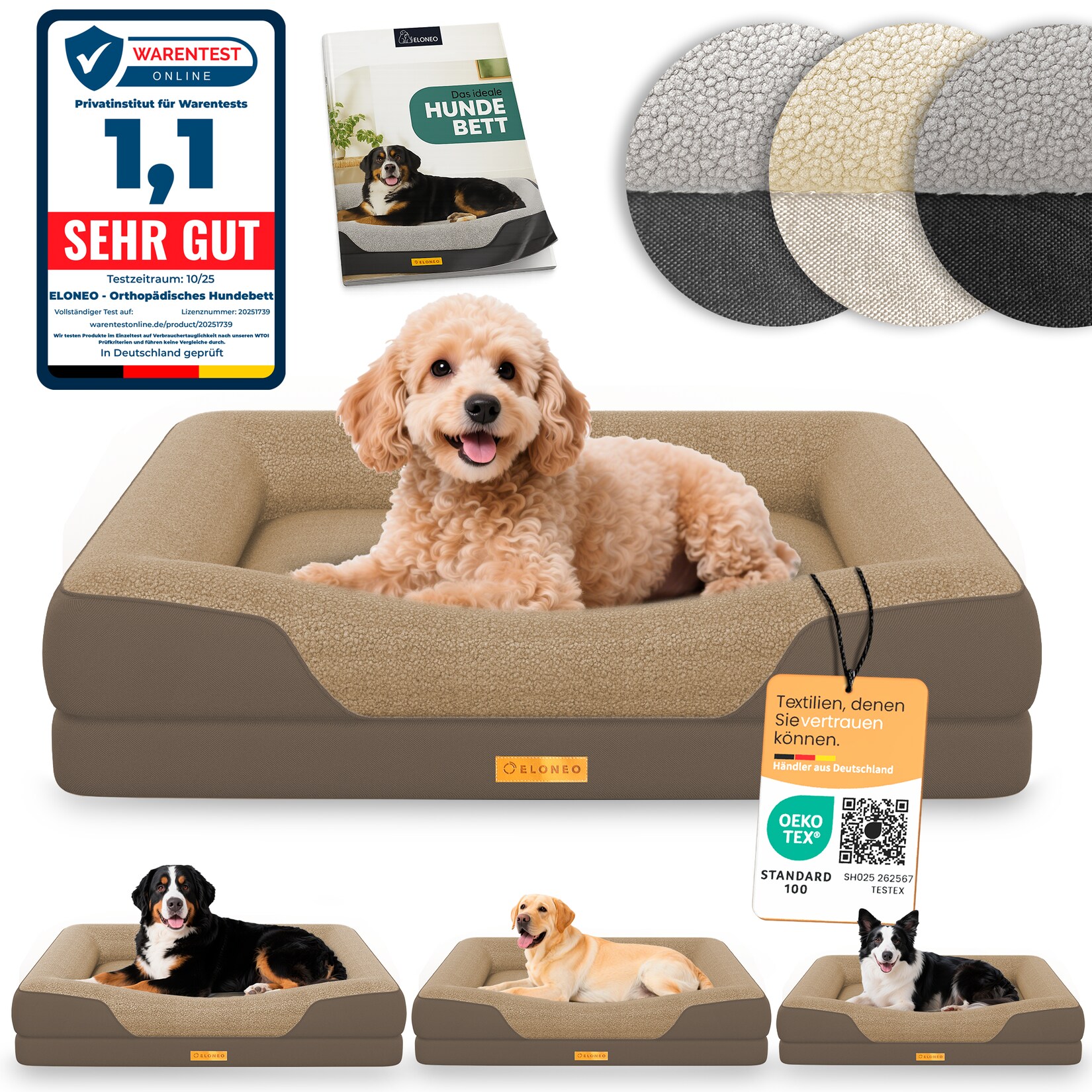ELONEO Orthopädisches Hundebett, Braun - Größe S