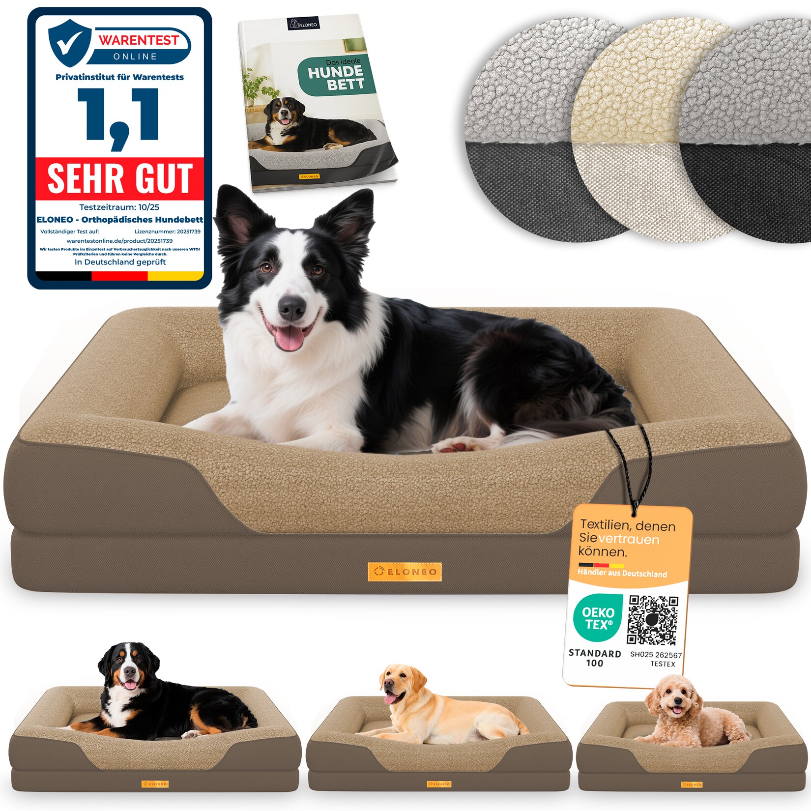 ELONEO Orthopädisches Hundebett, Braun - Größe M