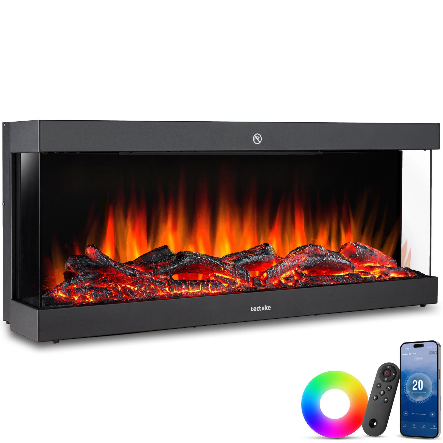 tectake&reg; Elektro-Wandkamin, 2 Leistungsstufen mit 900 W und 1800 W, mehrere Farb-, Helligkeits- und Geschwindigkeitseinstellungen, mit Fernbedienung und App-Steuerung, integriertes Thermostat - Bild 1