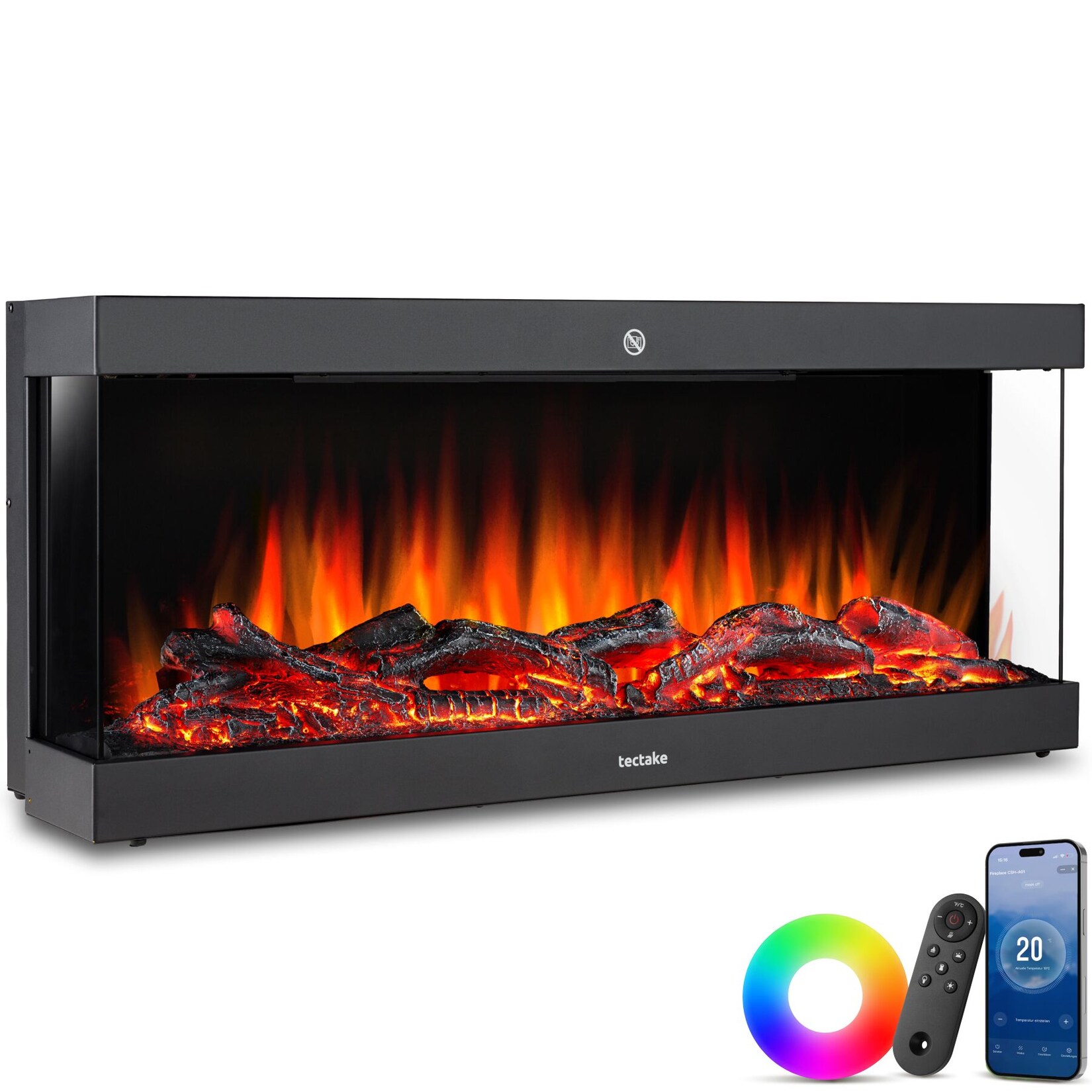 tectake® Elektro-Wandkamin, 2 Leistungsstufen mit 900 W und 1800 W, mehrere Farb-, Helligkeits- und Geschwindigkeitseinstellungen, mit Fernbedienung und App-Steuerung, integriertes Thermostat | 04061173305848