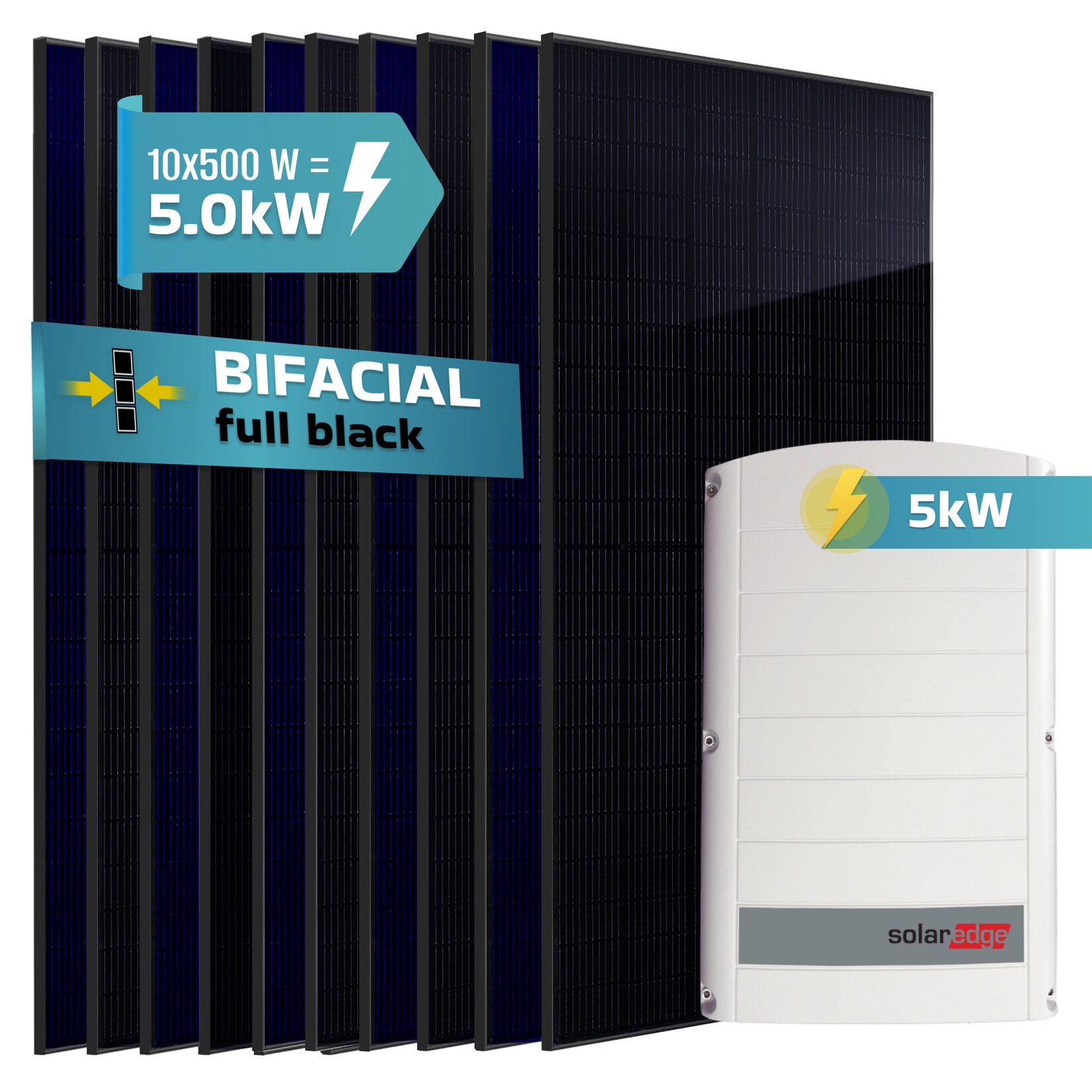 SUNNIVA® 5.0 kW Solaranlage, 10x 500 W Solarmodule Fullblack Bifacial, Wechselrichter SolarEdge SE5K (3-phasig)
