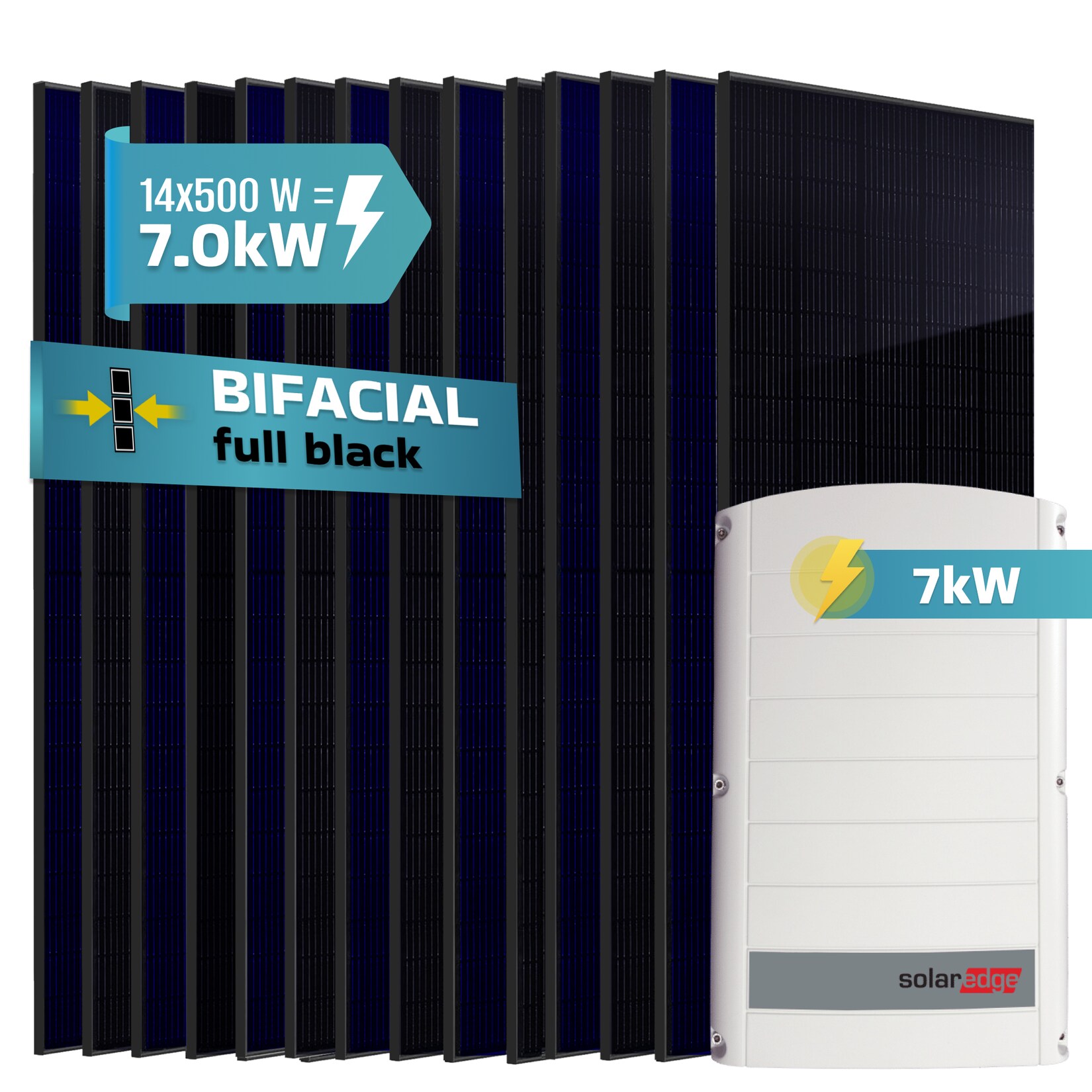 SUNNIVA® 7.0 kW Solaranlage, 14x 500 W Solarmodule Fullblack Bifacial, Wechselrichter SolarEdge SE7K (3-phasig)