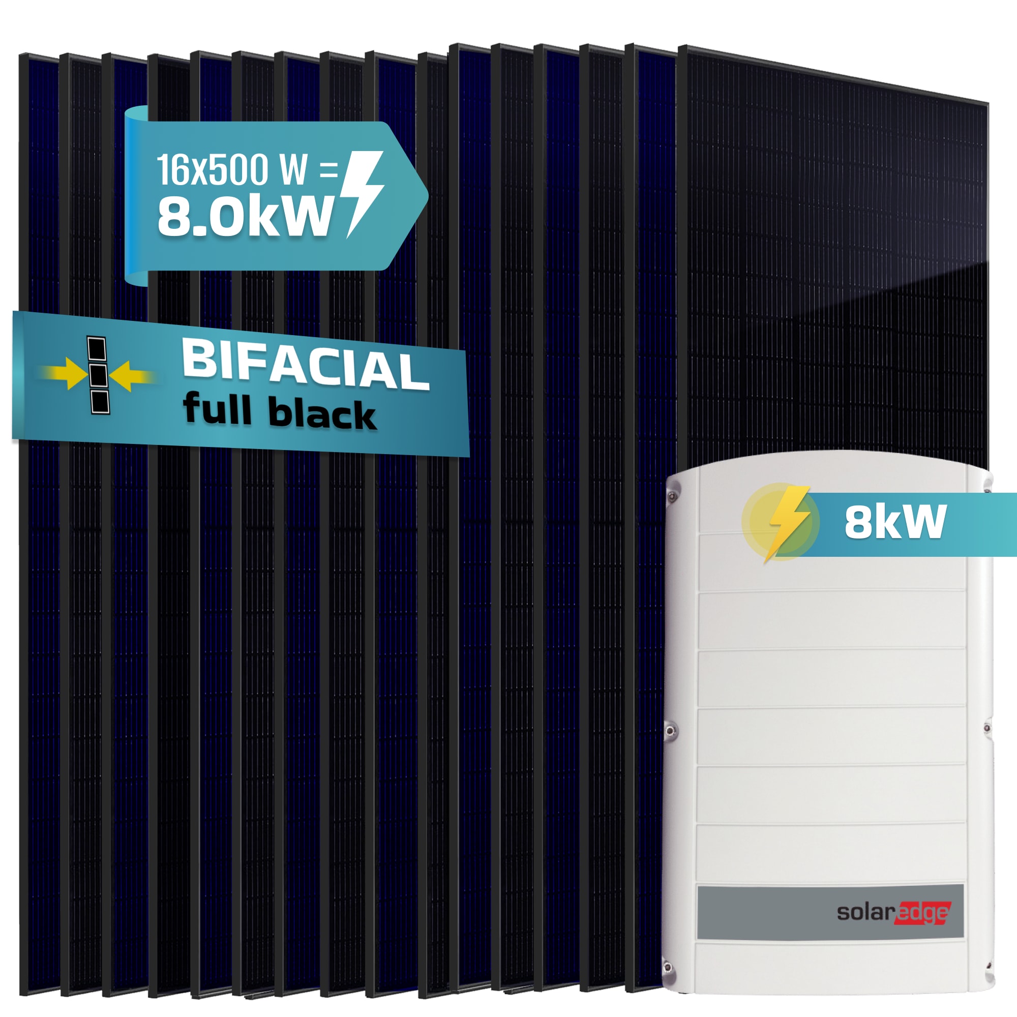 SUNNIVA&reg; 8.0 kW Solaranlage, 16x 500 W Solarmodule Fullblack Bifacial, Wechselrichter SolarEdge SE8K (3-phasig) - Bild 1