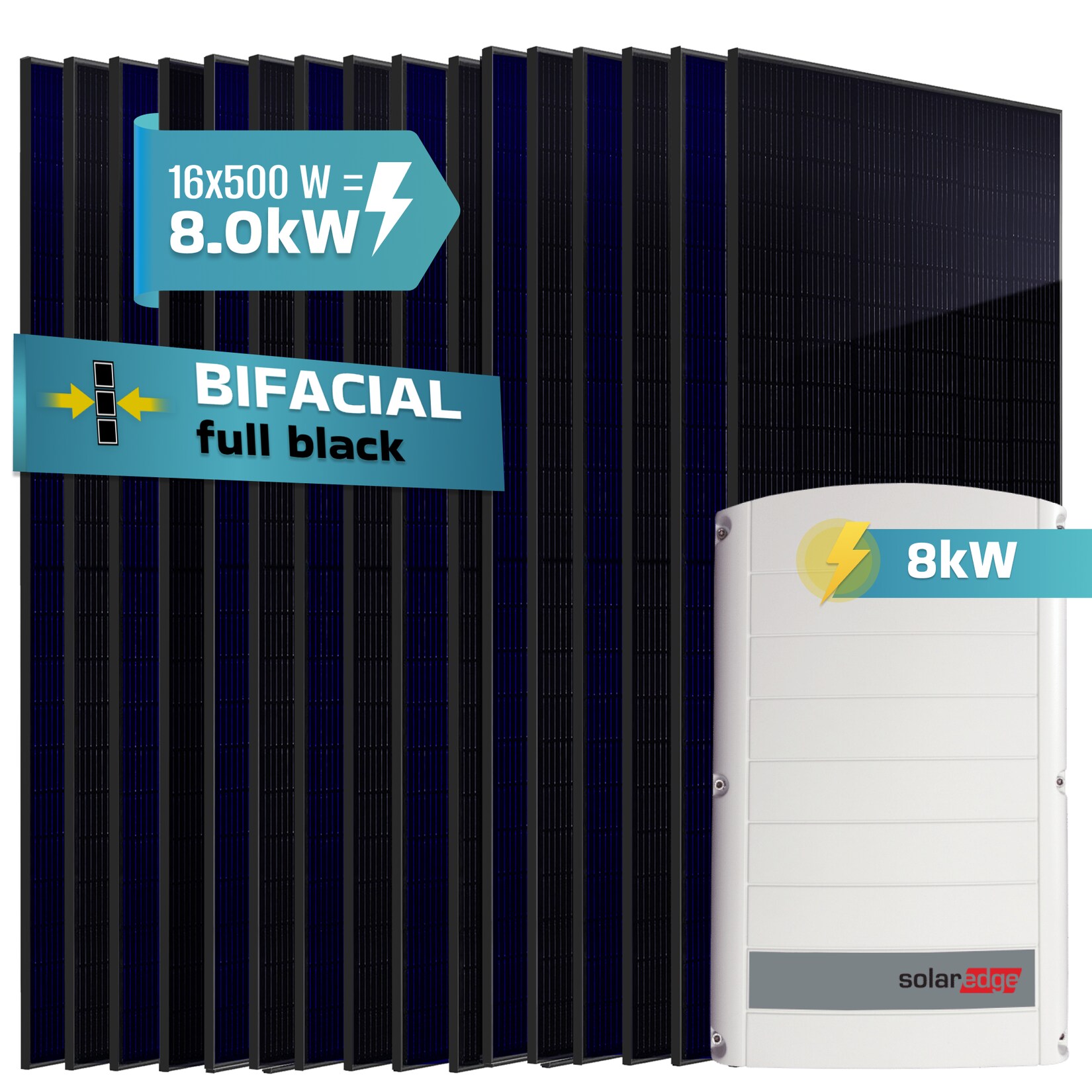 SUNNIVA® 8.0 kW Solaranlage, 16x 500 W Solarmodule Fullblack Bifacial, Wechselrichter SolarEdge SE8K (3-phasig)