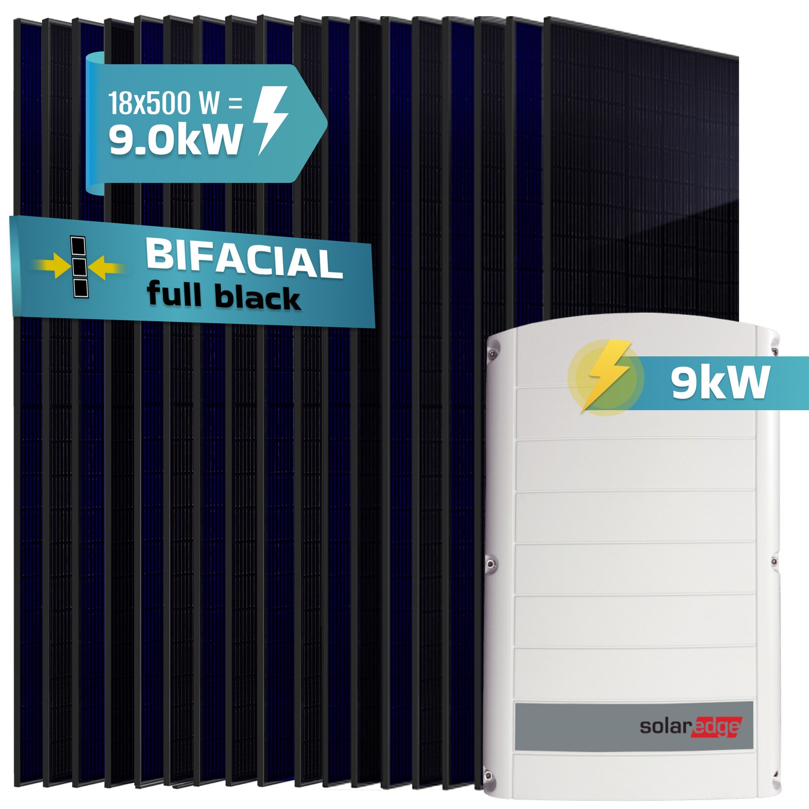 SUNNIVA® 9.0 kW Solaranlage, 18x 500 W Solarmodule Fullblack Bifacial, Wechselrichter SolarEdge SE9K (3-phasig)