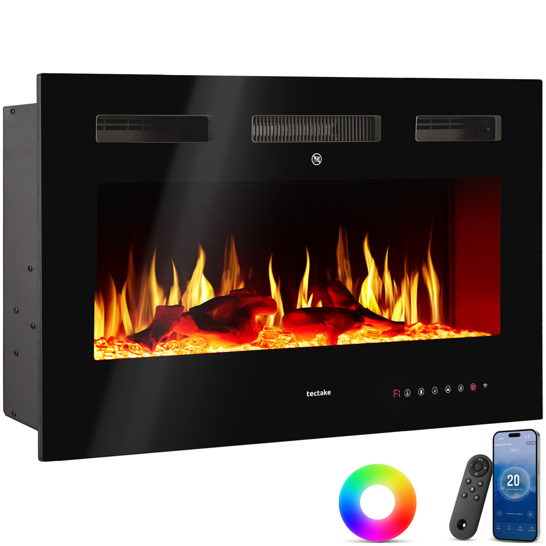 tectake&reg; Elektro-Wandkamin, 2 Leistungsstufen mit 900 W und 1800 W, mehrere Farb-, Helligkeits- und Geschwindigkeitseinstellungen, mit Fernbedienung und App-Steuerung, integriertes Thermostat - Bild 1
