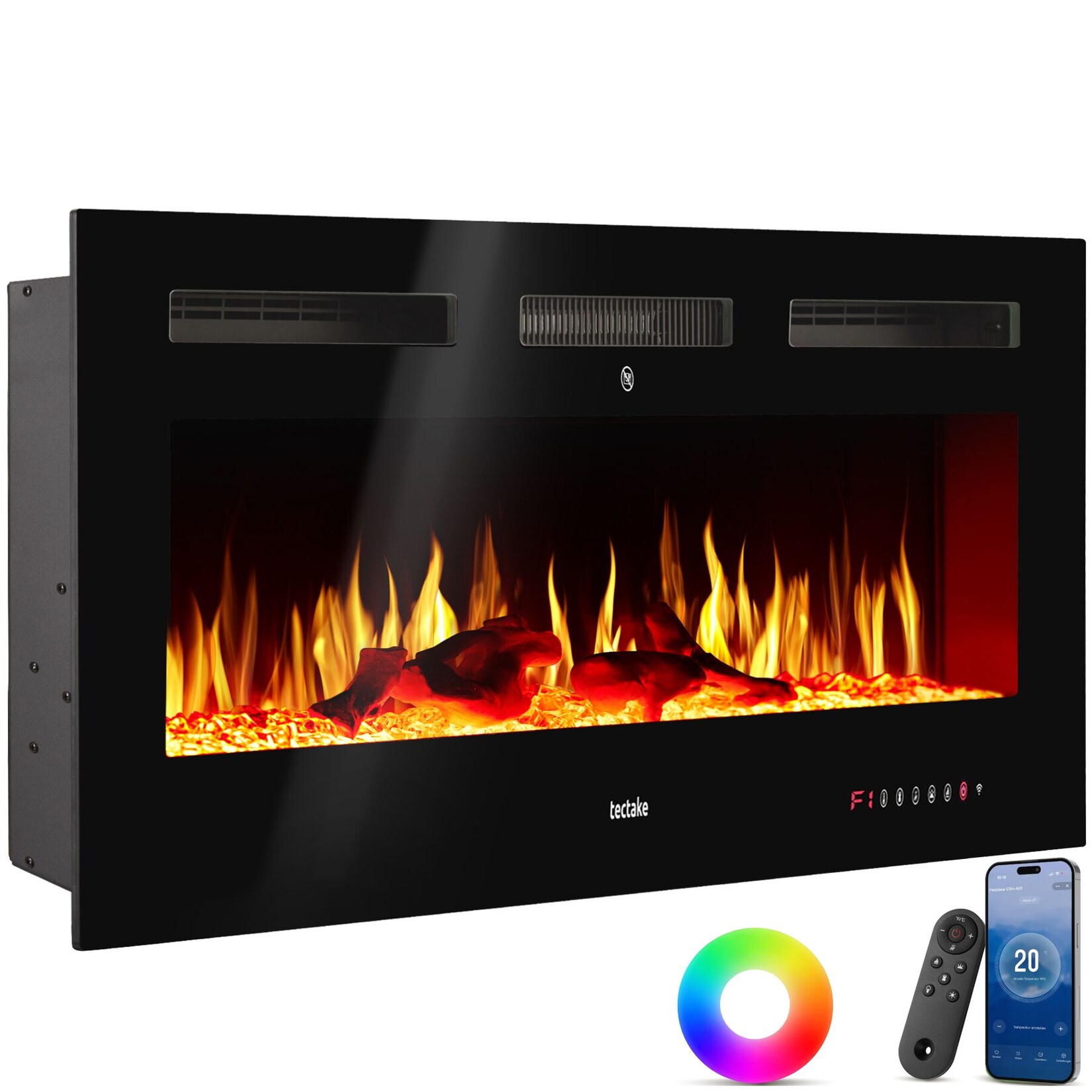 tectake® Elektro-Wandkamin, 2 Leistungsstufen mit 900 W und 1800 W, mehrere Farb-, Helligkeits- und Geschwindigkeitseinstellungen, mit Fernbedienung und App-Steuerung, integriertes Thermostat