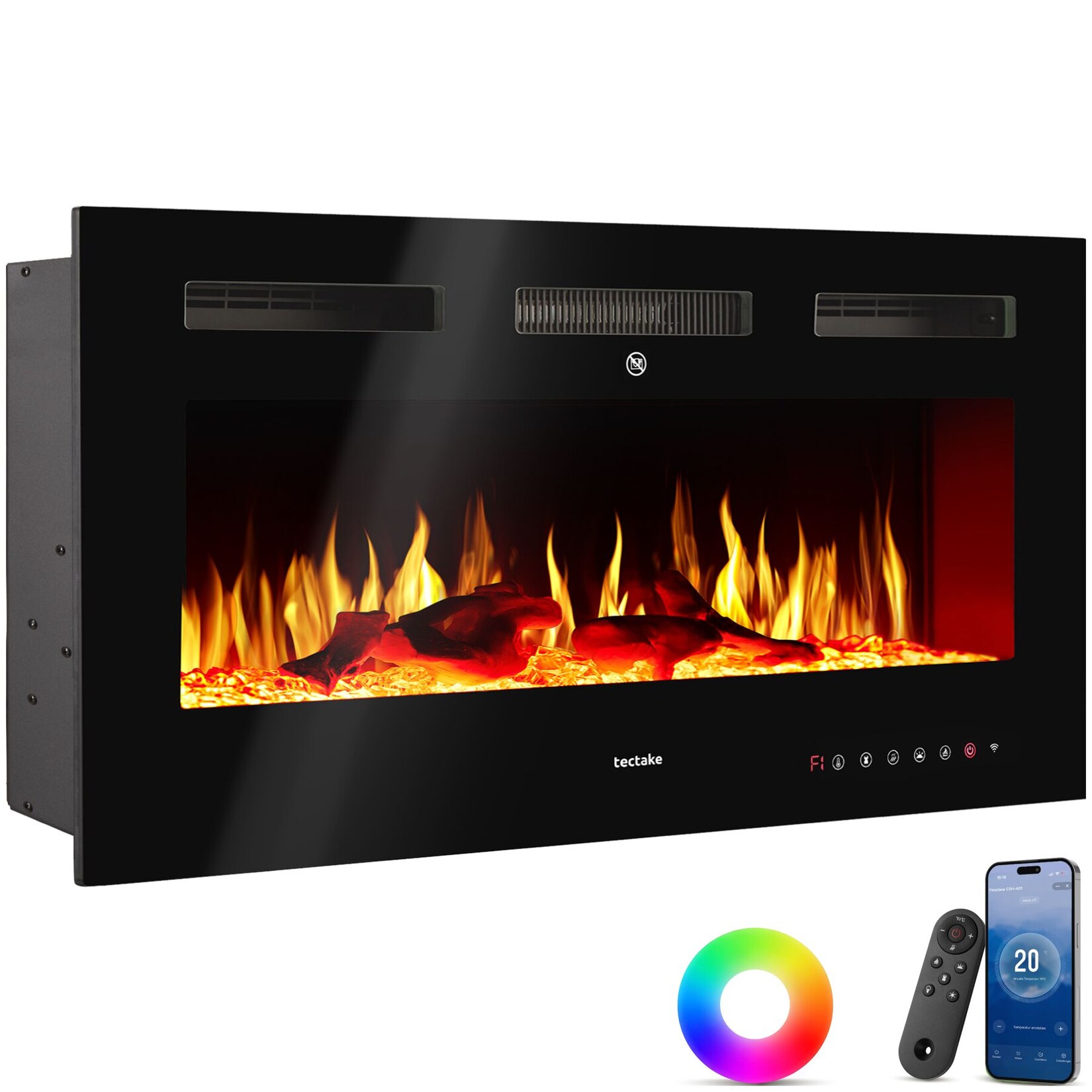 tectake® Elektro-Wandkamin, 2 Leistungsstufen mit 900 W und 1800 W, mehrere Farb-, Helligkeits- und Geschwindigkeitseinstellungen, mit Fernbedienung und App-Steuerung, integriertes Thermostat