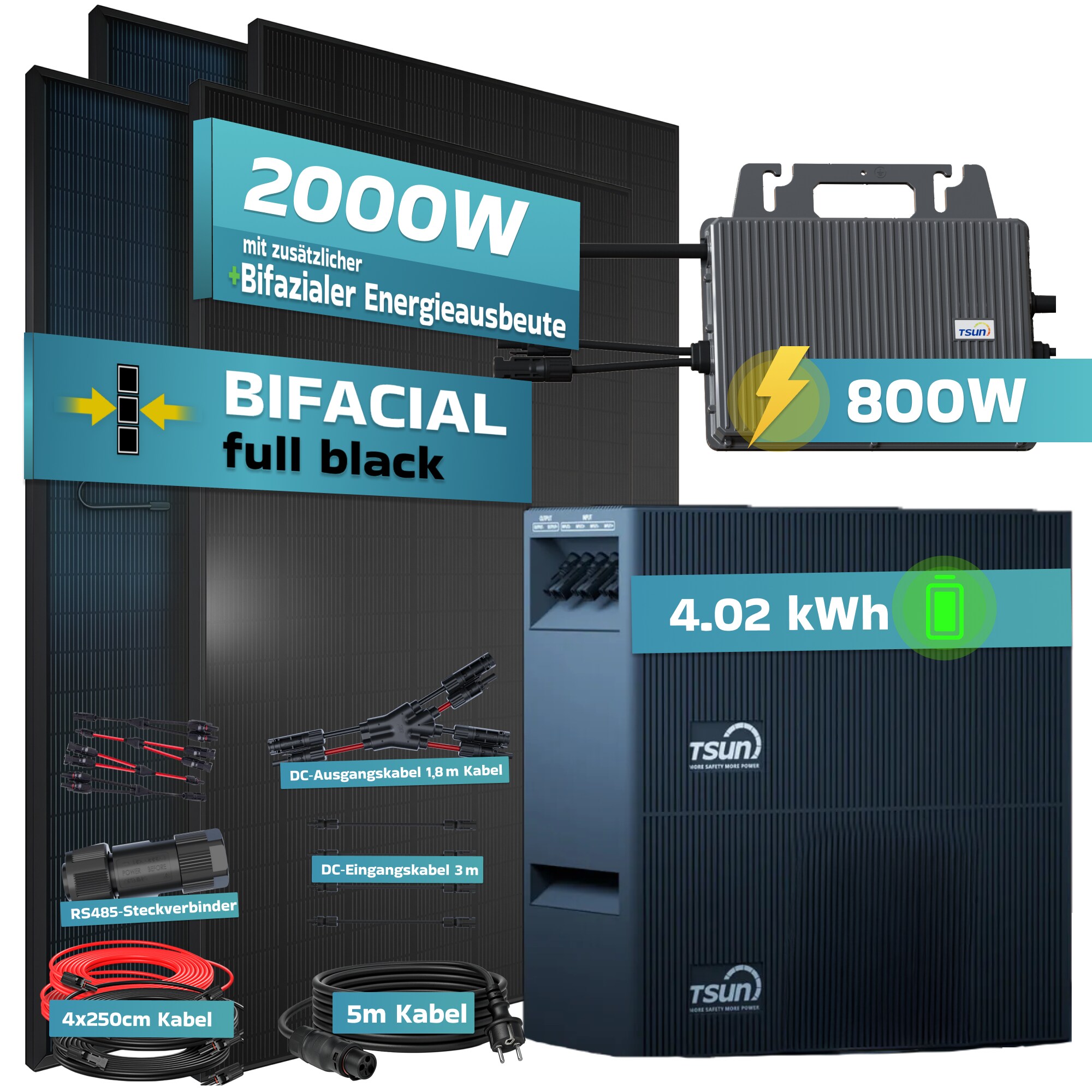 SUNNIVA&reg; 2000W Balkonkraftwerk mit 4,02 kWh Speicher TSUN SOLARCAN TSOL-DCU2000Lite, BIFAZIAL FULLBLACK komplett Steckdose, PV Solaranlage Komplettset mit Solarspeicher, 4x 500W Glas-Glas Bifacial - Bild 1