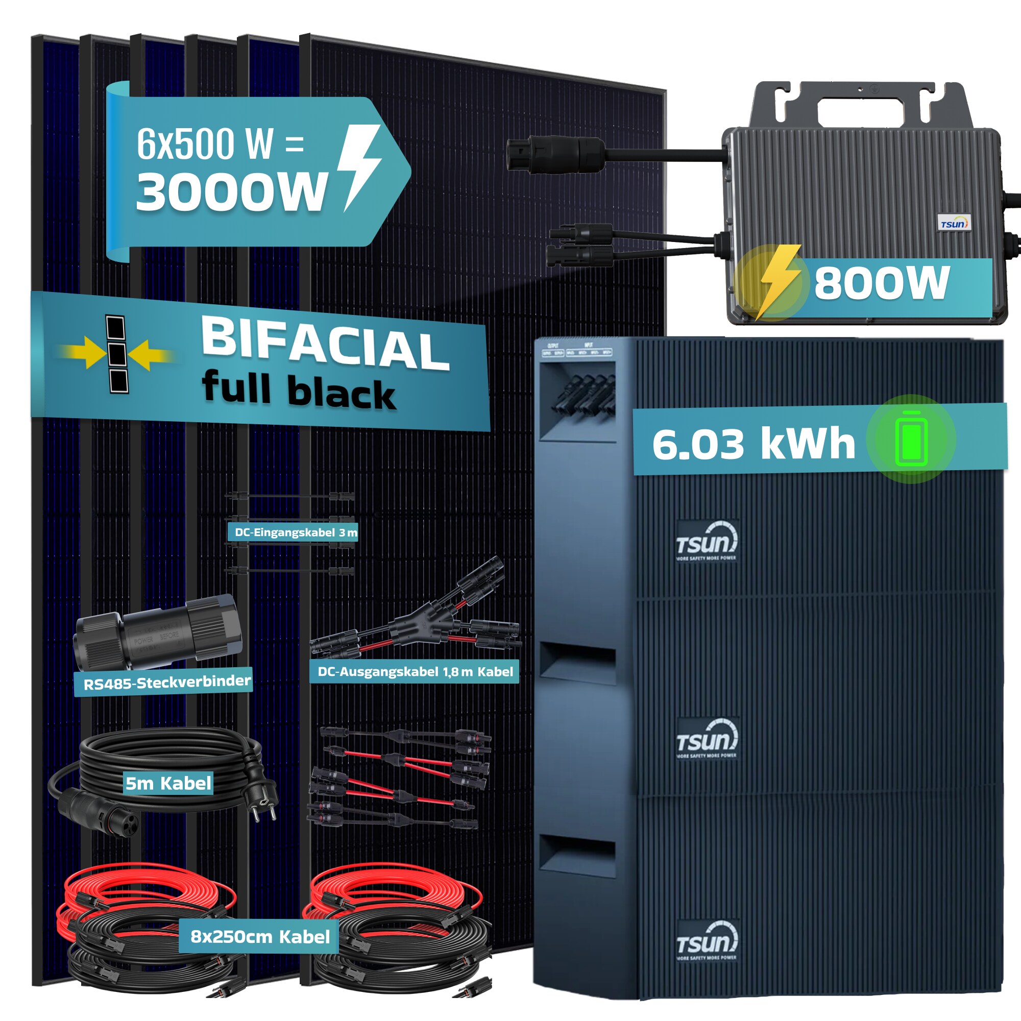 SUNNIVA&reg; 3000W Balkonkraftwerk mit 6,03 kWh Speicher TSUN SOLARCAN TSOL-DCU2000Lite, BIFAZIAL FULLBLACK komplett Steckdose, PV Solaranlage Komplettset mit Solarspeicher, 6x 500W Glas-Glas Bifacial - Bild 1