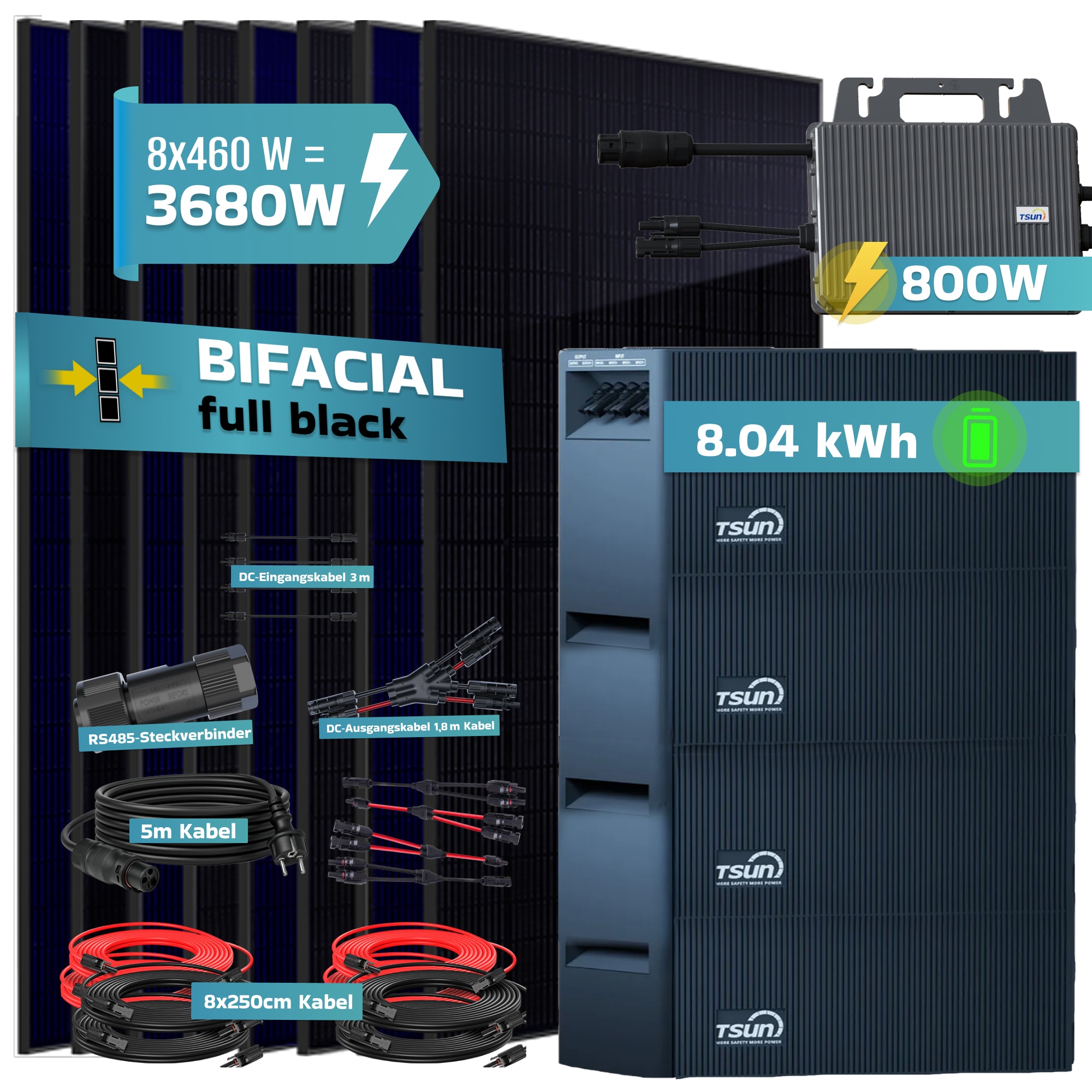 SUNNIVA&reg; 3680W Balkonkraftwerk mit 8,04 kWh Speicher TSUN SOLARCAN TSOL-DCU2000Lite, BIFAZIAL FULLBLACK komplett Steckdose, PV Solaranlage Komplettset mit Solarspeicher, 8x 500W Glas-Glas Bifacial - Bild 1