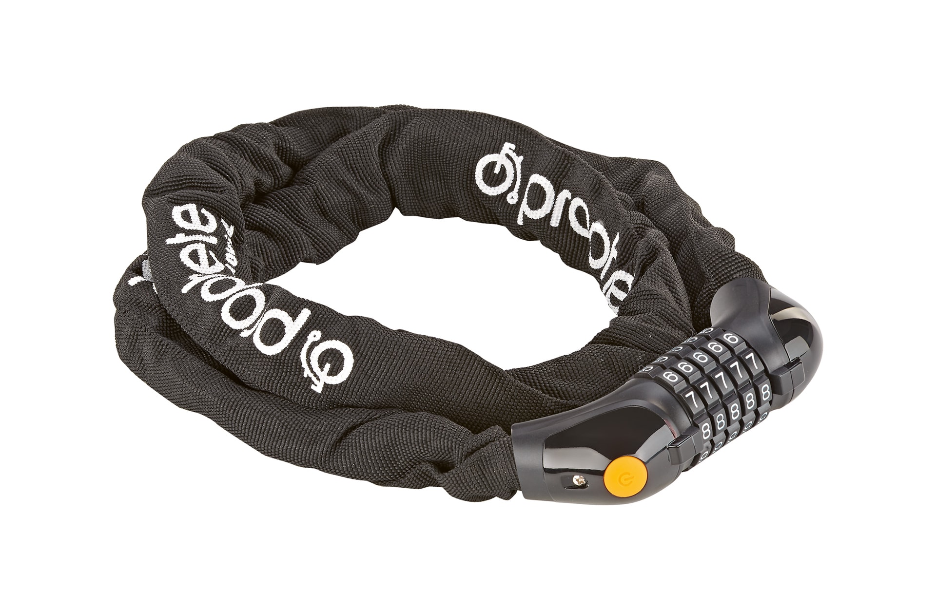 Zahlen-Kettenschloss, 5-Zahlen-Kombination, LED-beleuchtete Zahlenwalze, frei kodierbar, Textilummantelung, L&auml;nge: 120 cm - Bild 1