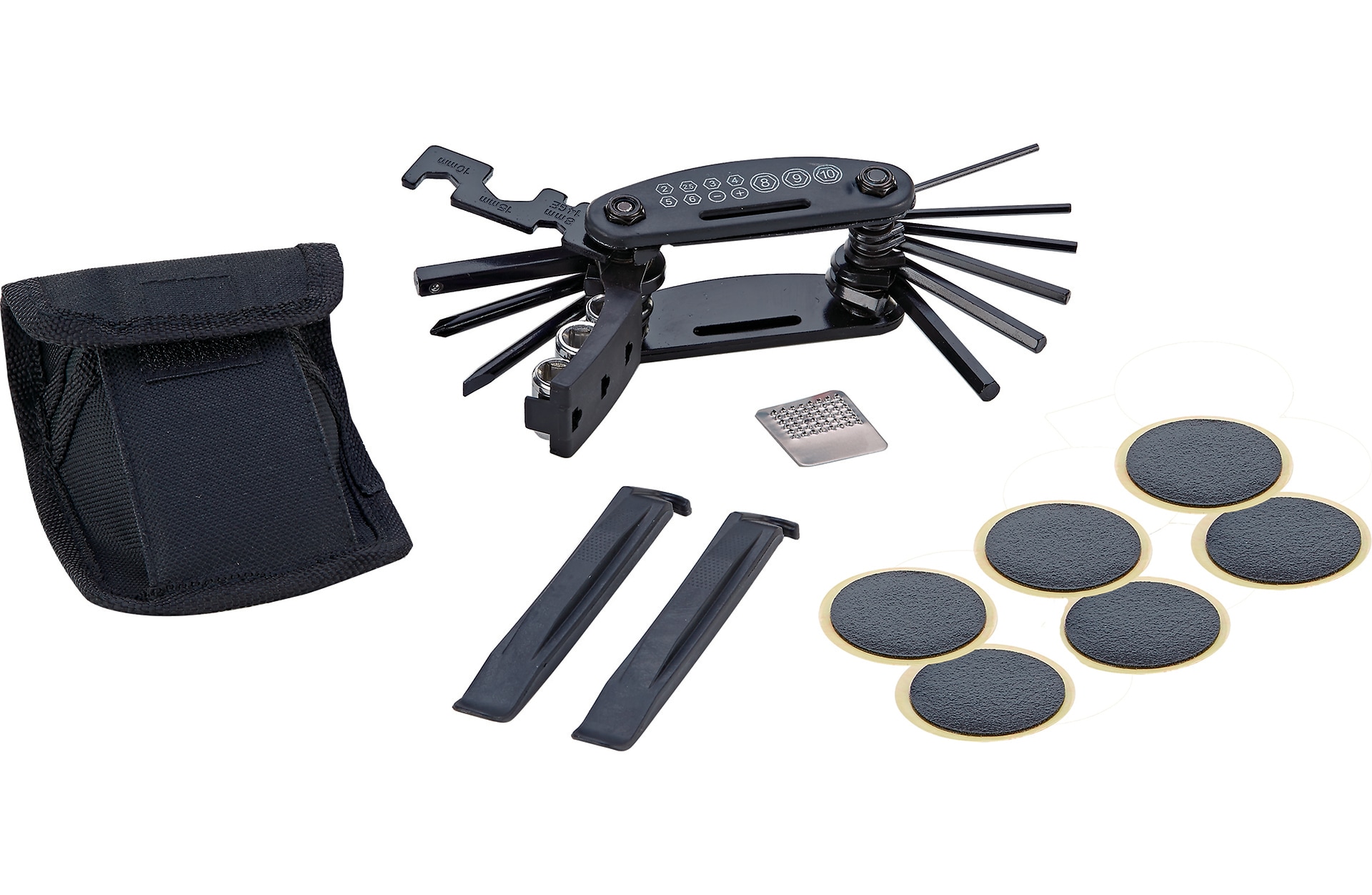 Fahrrad Reparatur-Set, mit Multifunktionswerkzeug mit 15 Funktionen, 2x Reifenheber, 4x selbstklebende Flicken, 1x Aufrauher, 1x G&uuml;rtel-Tasche - Bild 1