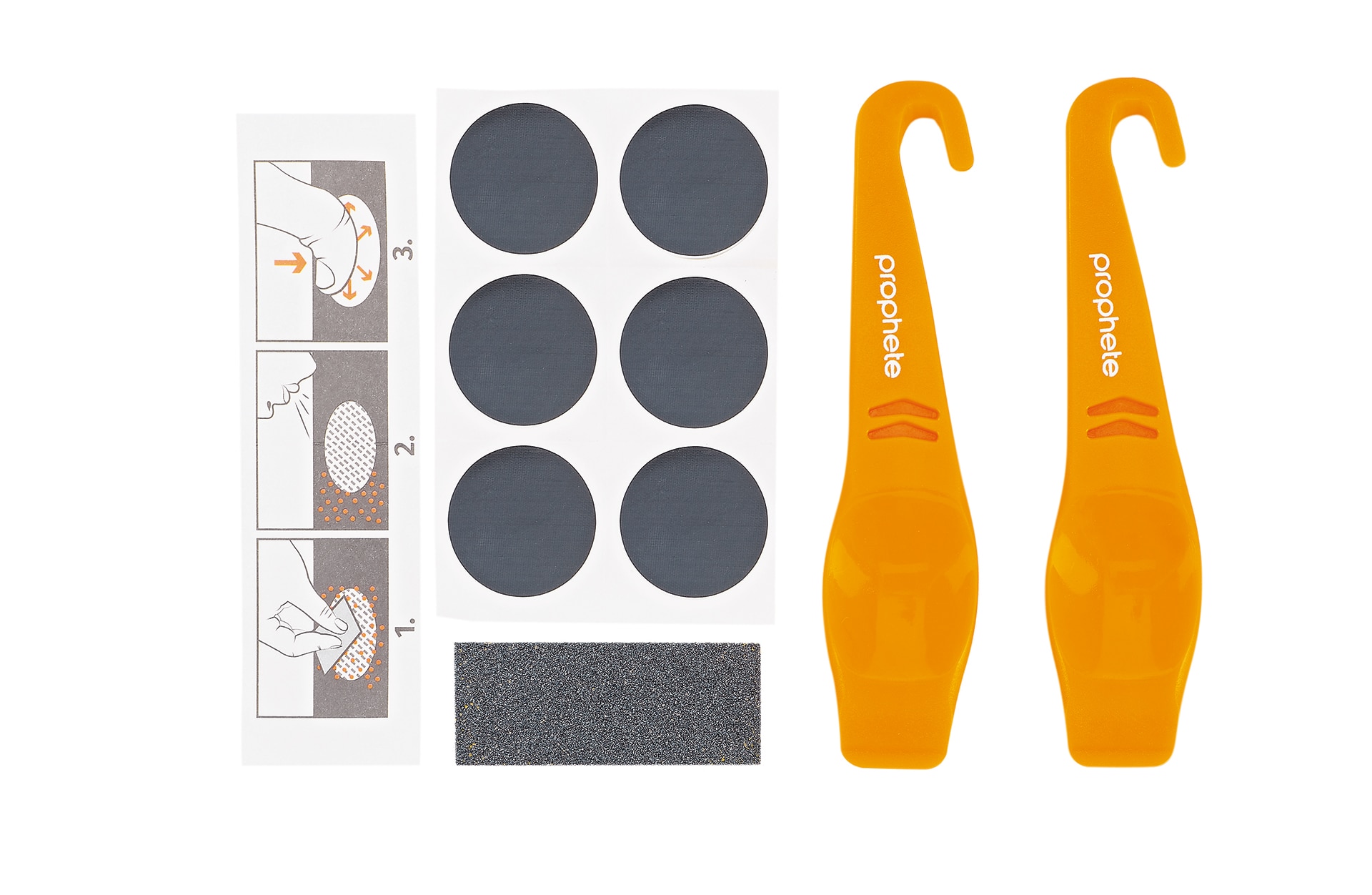 Flickzeug Set, mit 2 Reifenhebern, 6 selbstklebende Flicken, 1 Aufrauher - Bild 1