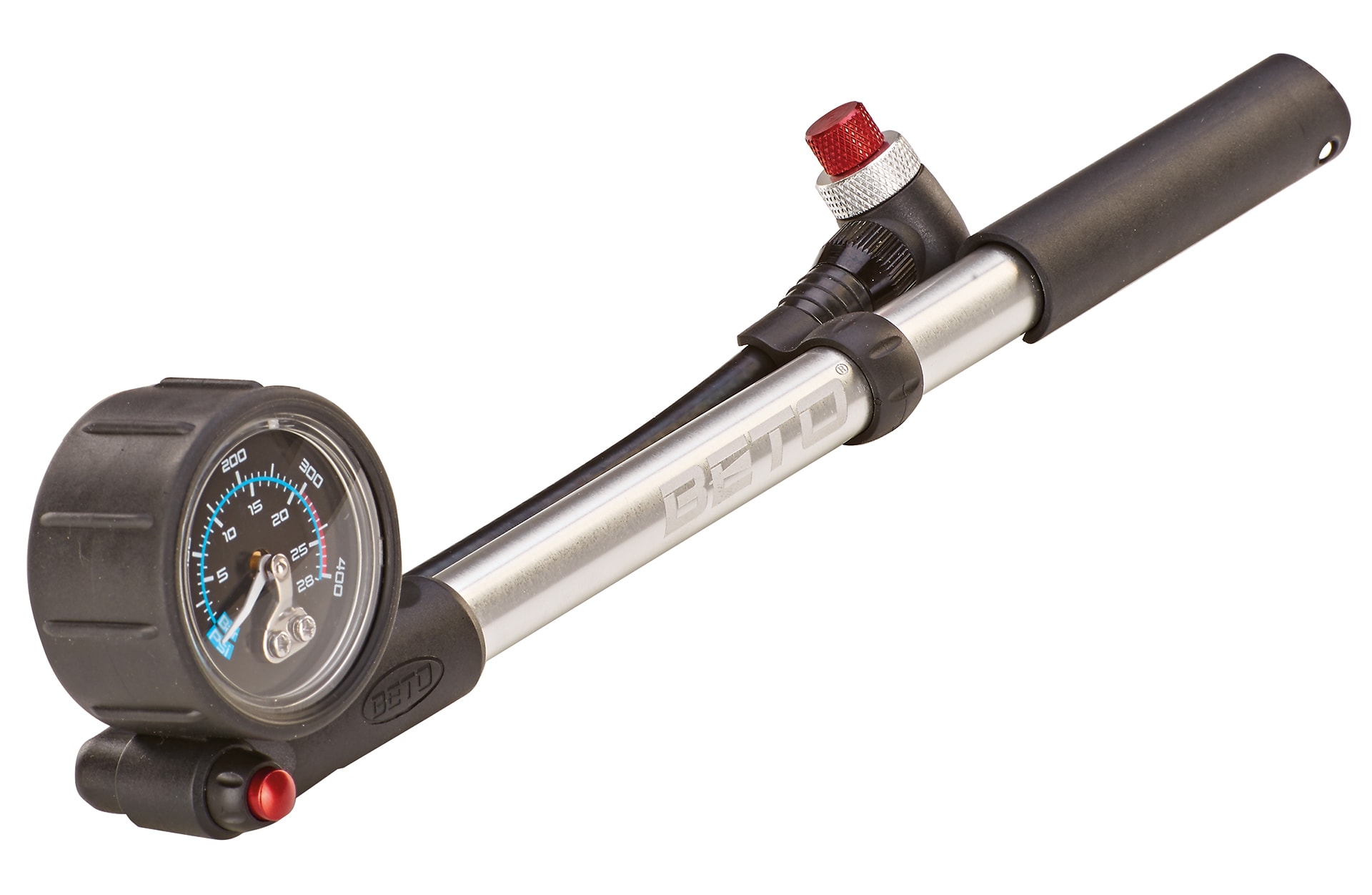 D&auml;mpferpumpe, f&uuml;r D&auml;mpfer und Federgabel, 20 bar, mit Manometer, mit Drehschlauch und Entl&uuml;ftungsknopf, mit ausklappbarem T-Griff - Bild 1