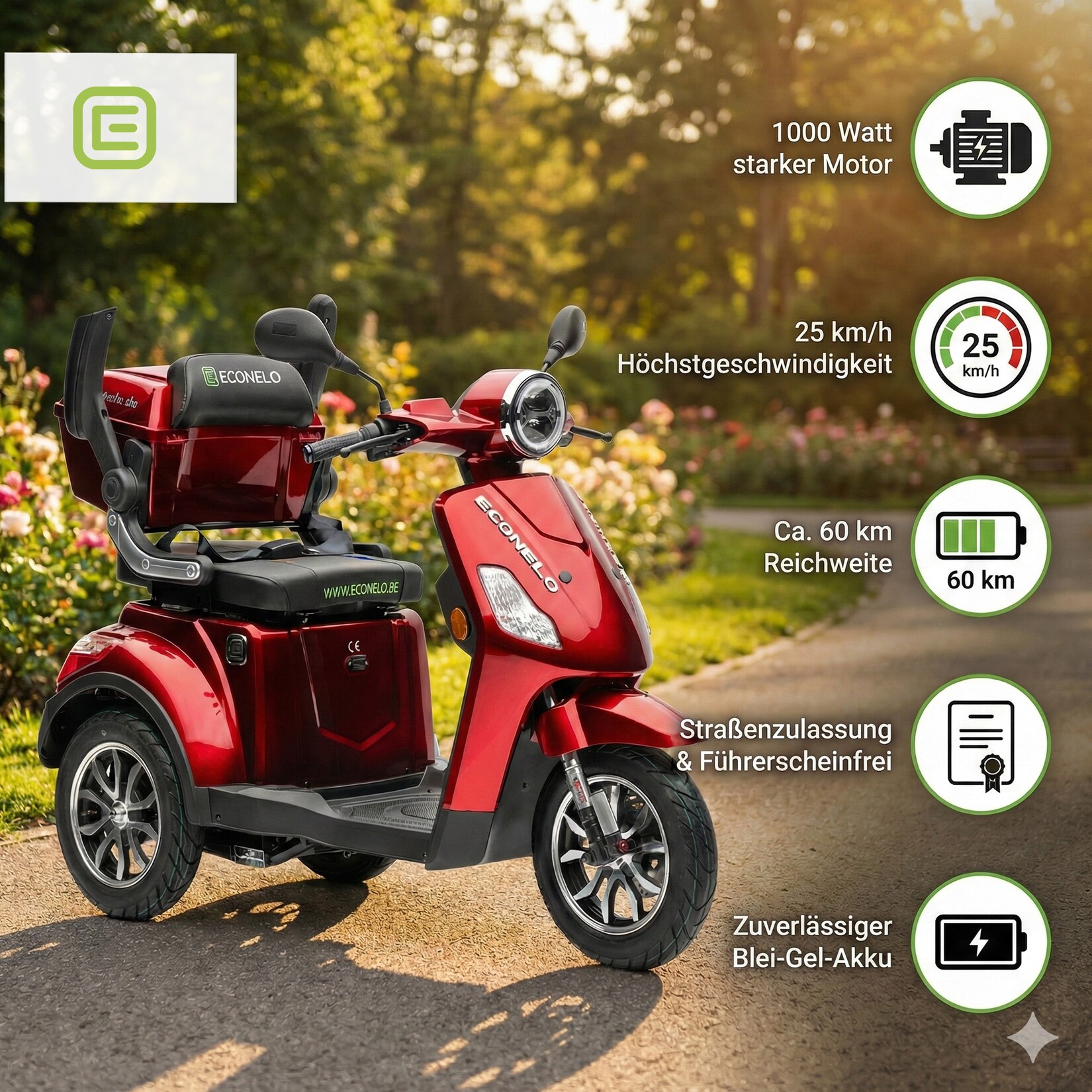 Econelo E-Seniorenmobil Yogi-IQ, Blei-Akku, 3-Rad, 1000 Watt, Rot