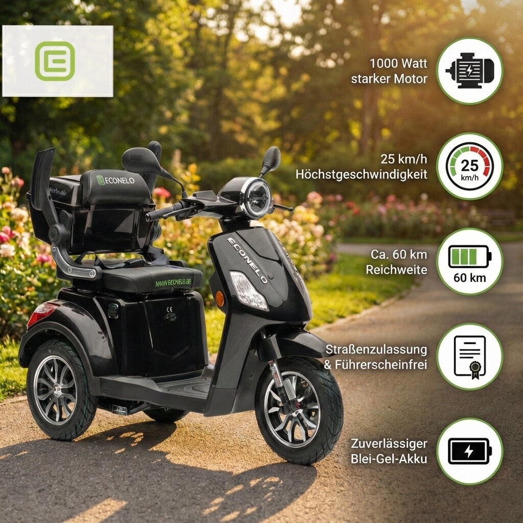 Econelo E-Seniorenmobil Yogi-IQ, Blei-Akku, 3-Rad, 1000 Watt, Schwarz