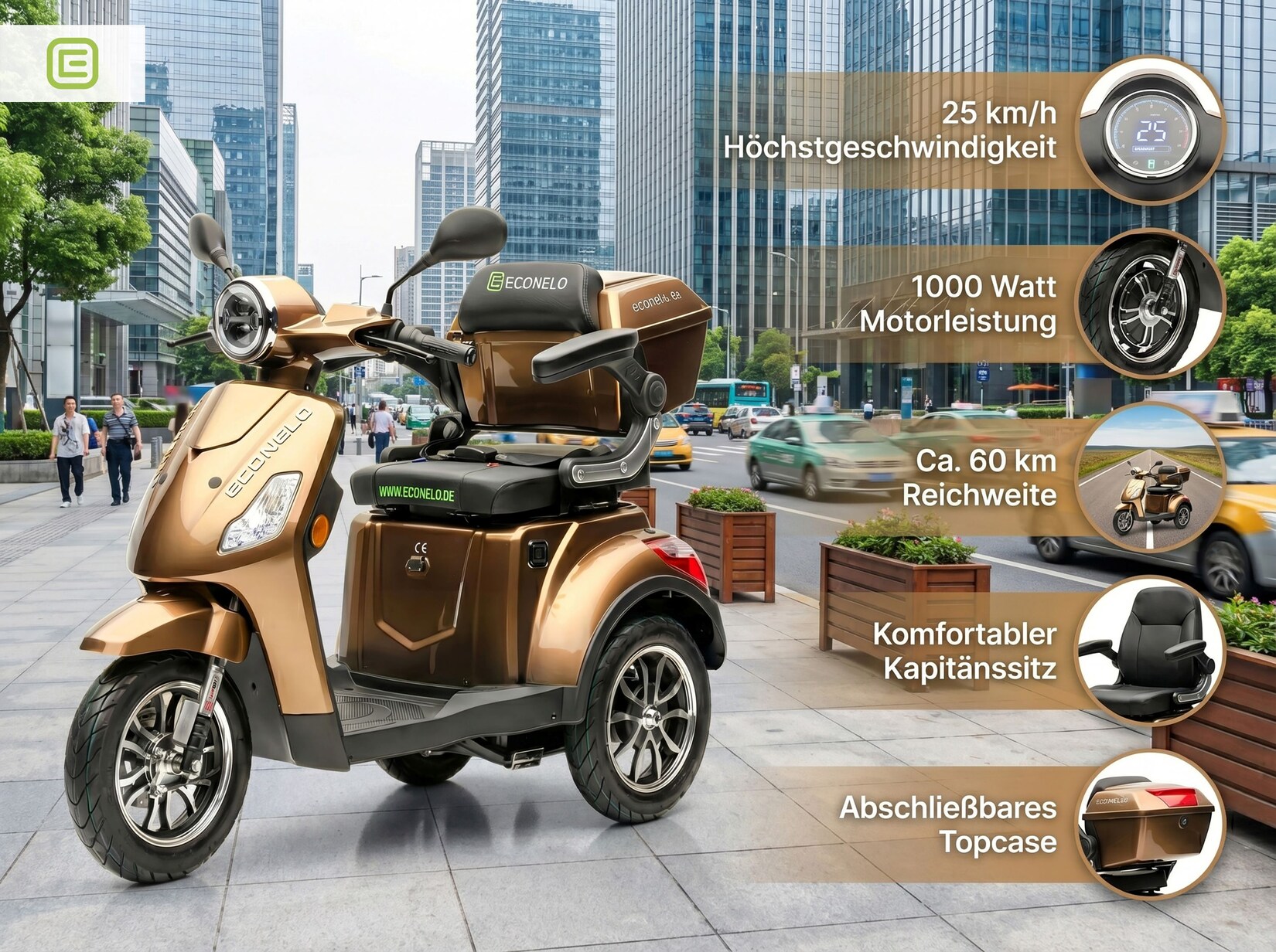 Econelo E-Seniorenmobil Yogi-IQ, Lithium-Akku, 3-Rad, 1000 Watt, Braun