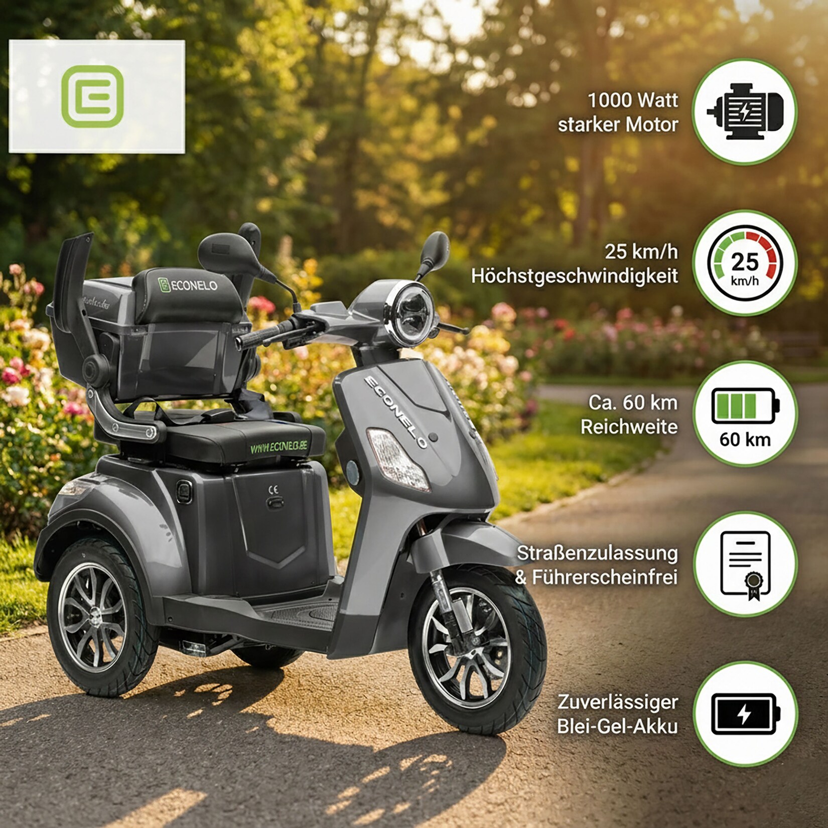 Econelo E-Seniorenmobil Yogi-IQ, Lithium-Akku, 3-Rad, 1000 Watt, Grau