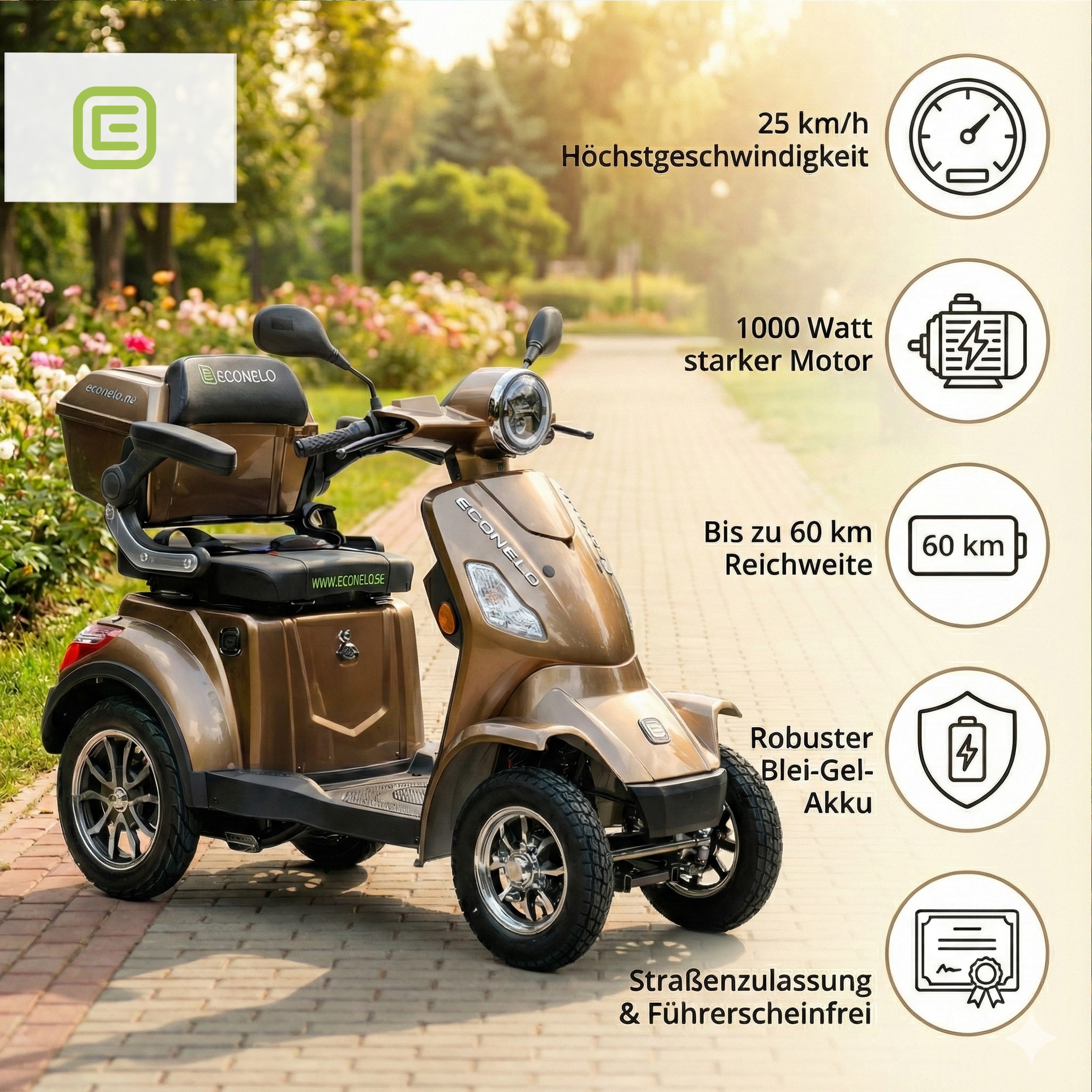 Econelo E-Seniorenmobil Voltrixx, Blei-Akku, 4-Rad, 1000 Watt, Braun - Bild 1