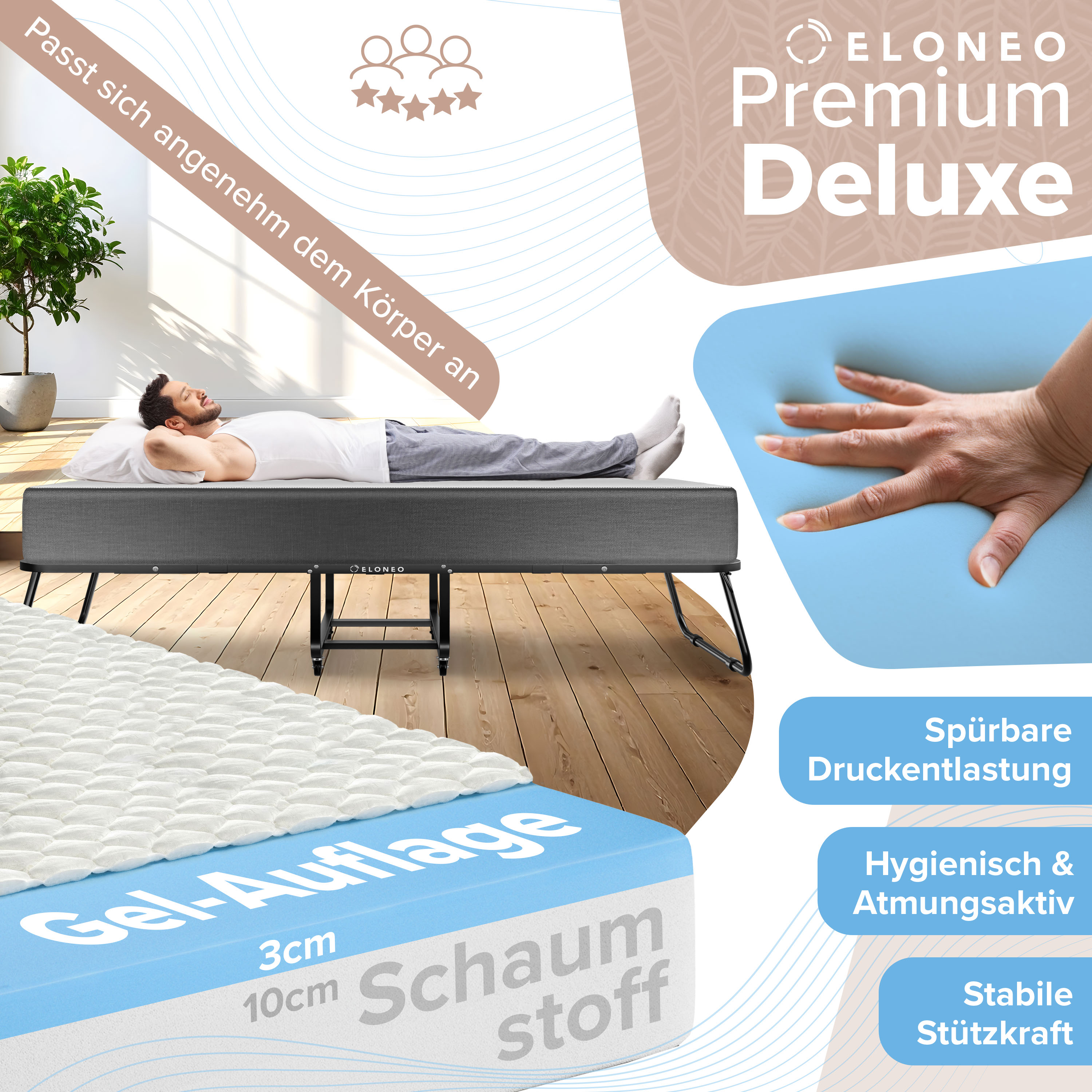 ELONEO Klappbett mit Premium-Matratze, 90x200 cm - Bild 1