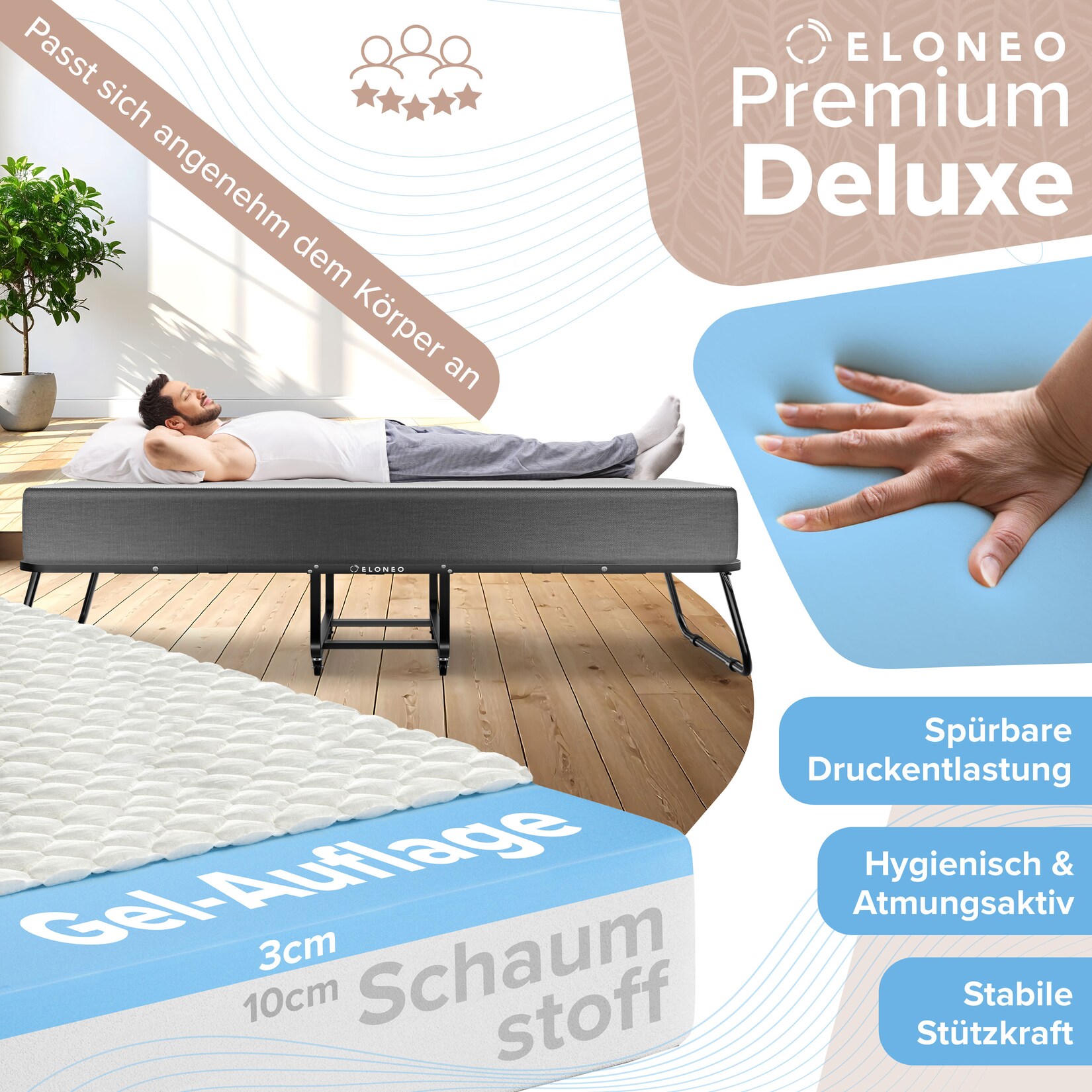 ELONEO Klappbett mit Premium-Matratze, 90x200 cm