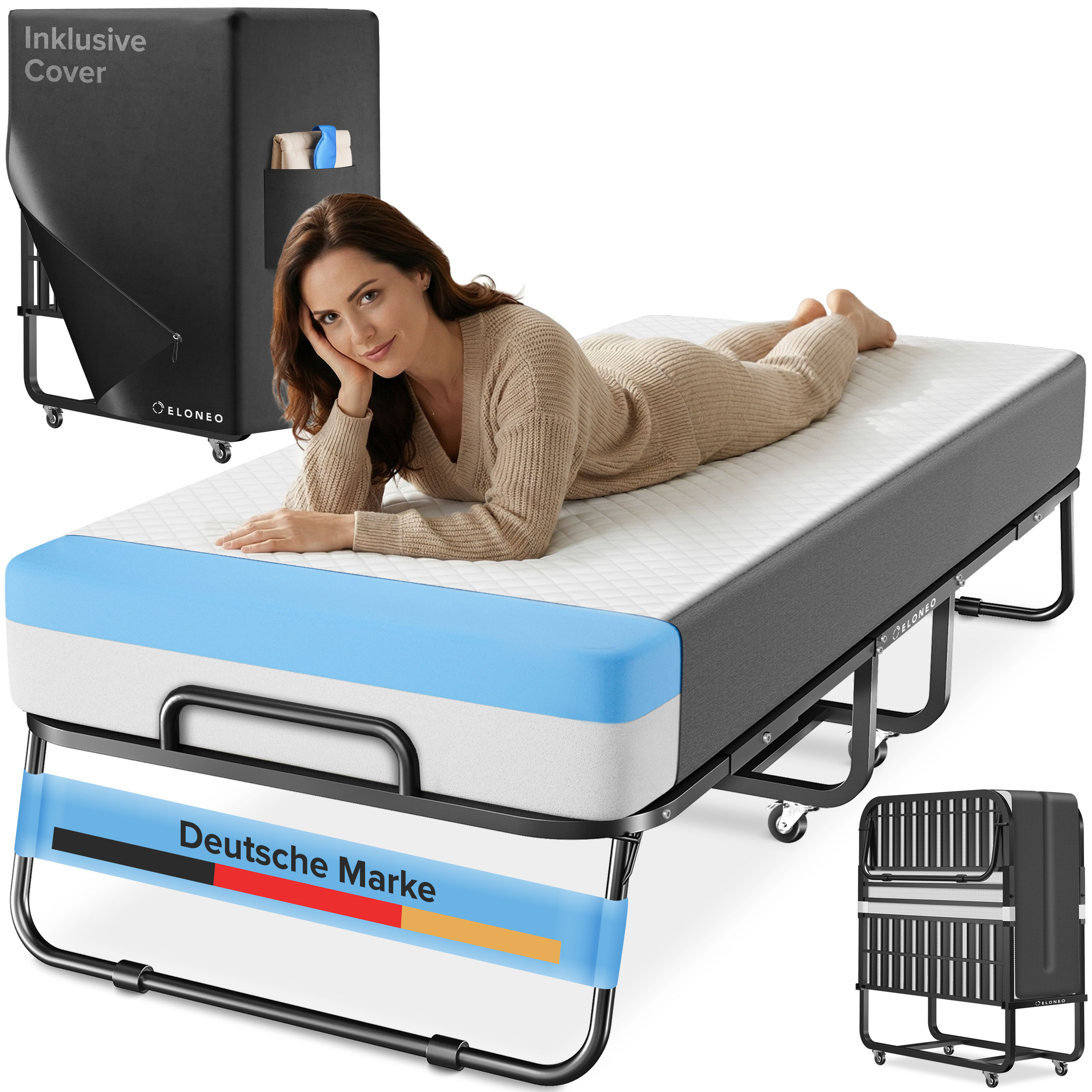 ELONEO Klappbett mit Premium-Matratze, 80x200 cm 