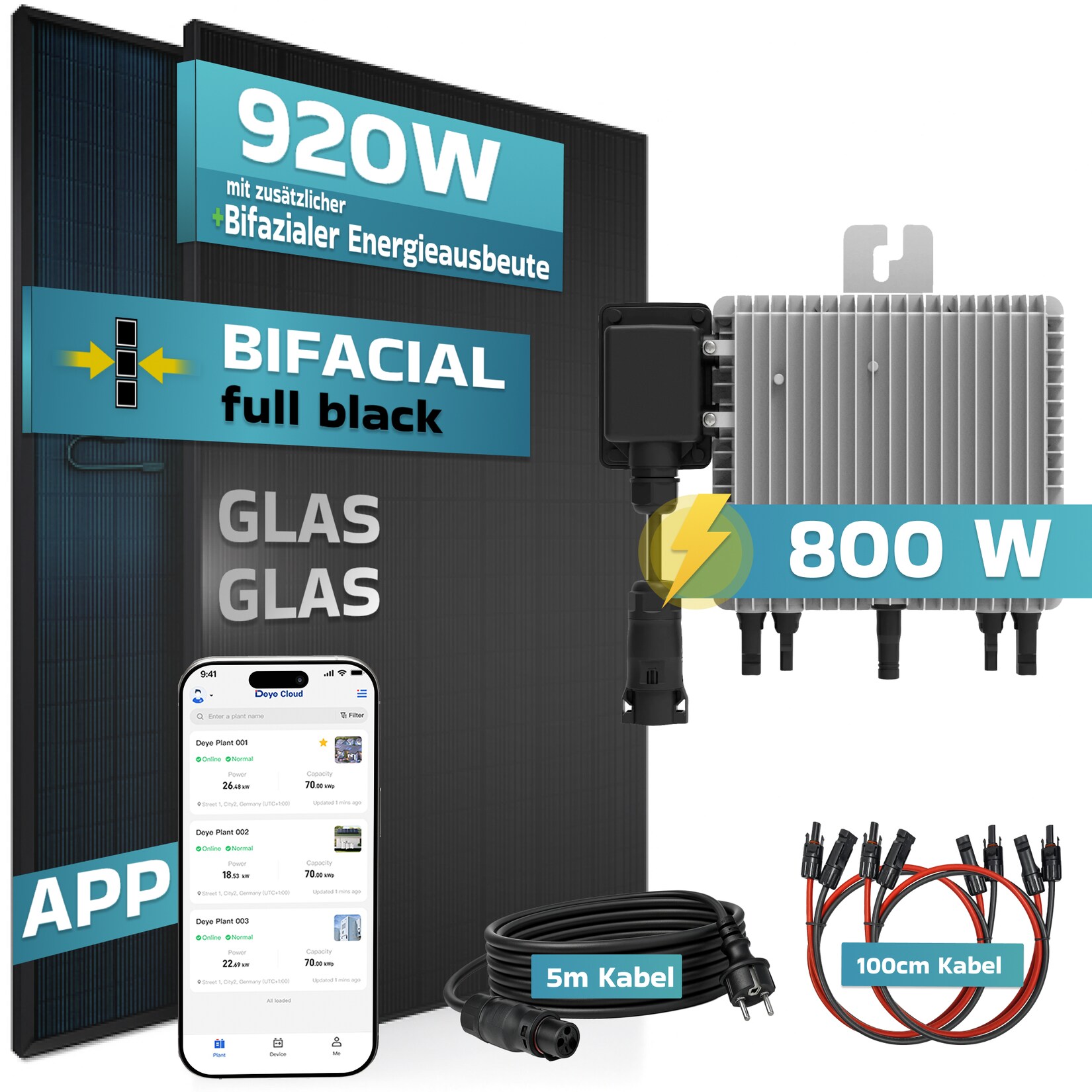 SUNNIVA® 920W Balkonkraftwerk BIFAZIAL FULLBLACK komplett Steckdose DEYE 800W Wechselrichter, PV Solaranlage, 2x 460W Glas-Glas Solarmodule, inkl. 5m Kabel, Bluetooth WIFI, Komplettset | 04255656231124