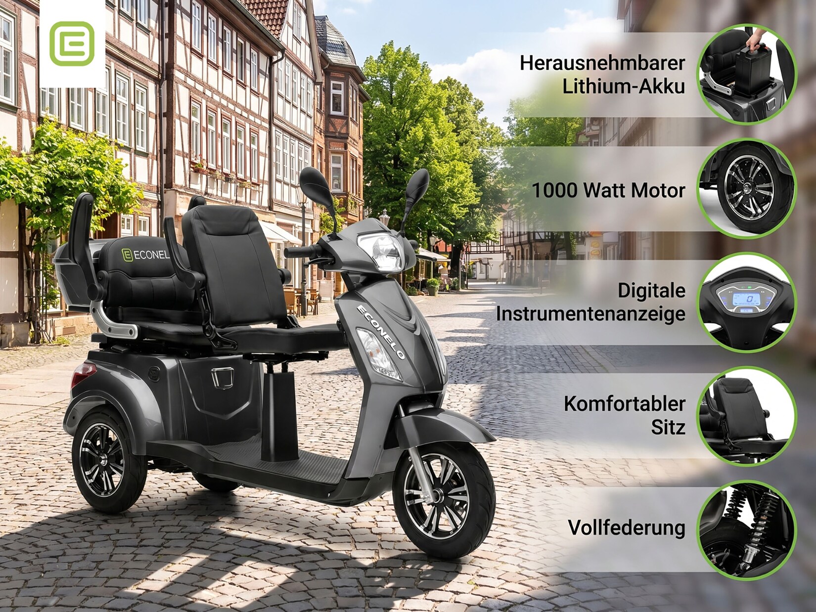 ECONELO E-Seniorenmobil Billy 2.0, Blei-Akku, 3-Rad, 60V, 1000 Watt, normal Sitz, Grau