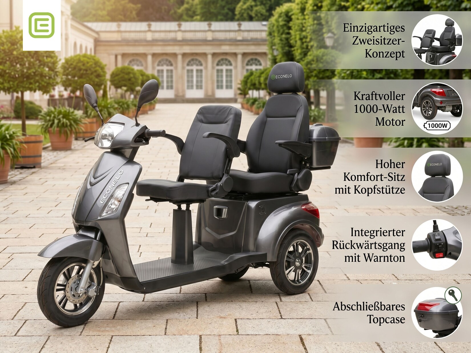 ECONELO E-Seniorenmobil Billy 2.0, Blei-Akku, 3-Rad, 60V, 1000 Watt, groß Sitz, Grau