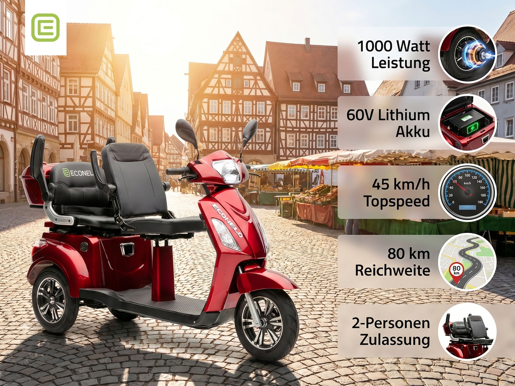 ECONELO E-Seniorenmobil Billy 2.0, Lithium-Akku, 3-Rad, 60V, 1000 Watt, normal Sitz, Rot