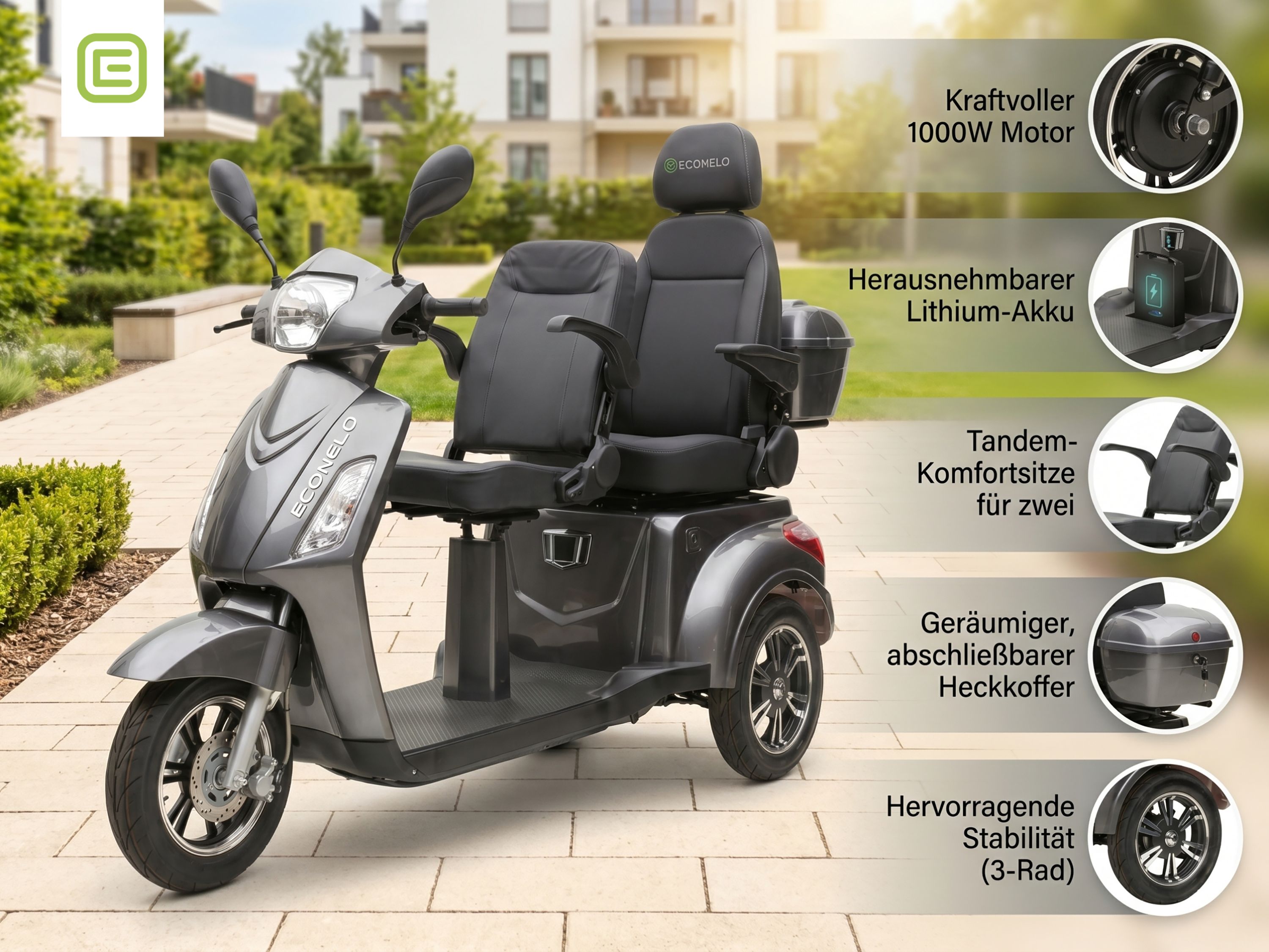 ECONELO E-Seniorenmobil Billy 2.0, Lithium-Akku, 3-Rad, 60V, 1000 Watt, gro&szlig; Sitz, Grau - Bild 1