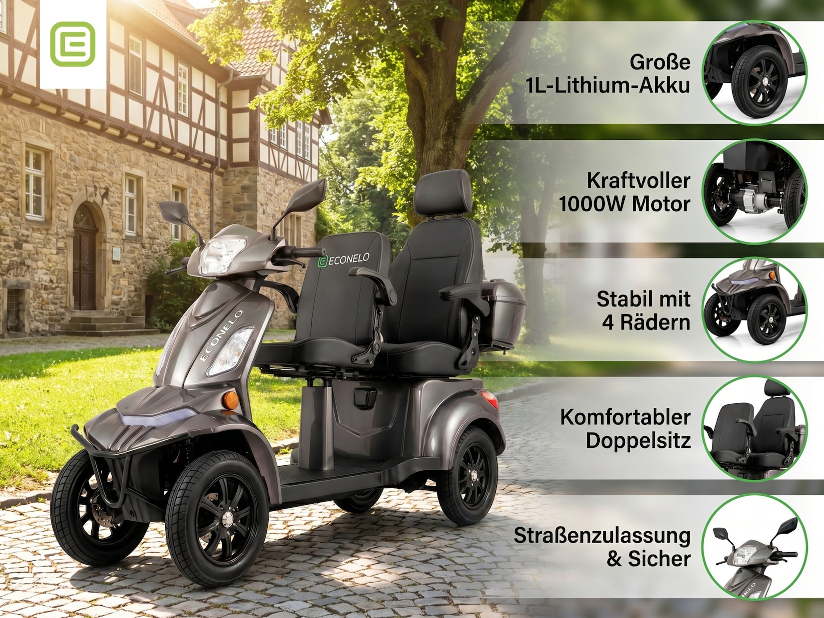 E-Seniorenmobil Vista Quarter-1L, Lithium-Akku, 4-Rad, 60V, 1000 Watt, Grau