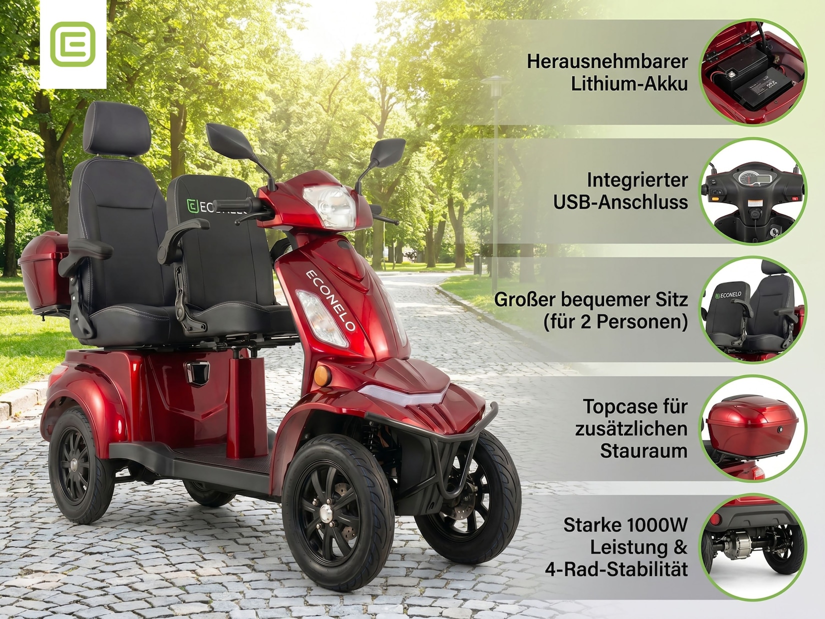 E-Seniorenmobil Vista Quarter-1L, Lithium-Akku, 4-Rad, 60V, 1000 Watt, Komfort-Sitz, Rot